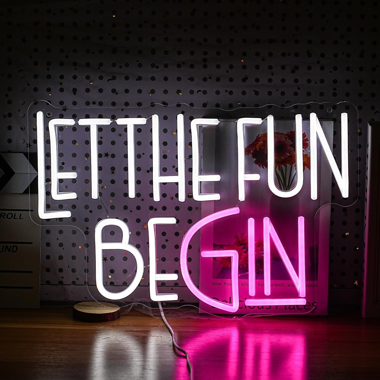 Let The Fun Begin Neon Sign USB Powered White Pink Fun Light Up Sign for Wall Decor Dimmable Led Letters Neon Light for Birthday Wedding Halloween Christmas Party Home Decor (15.8 * 11.8In)
