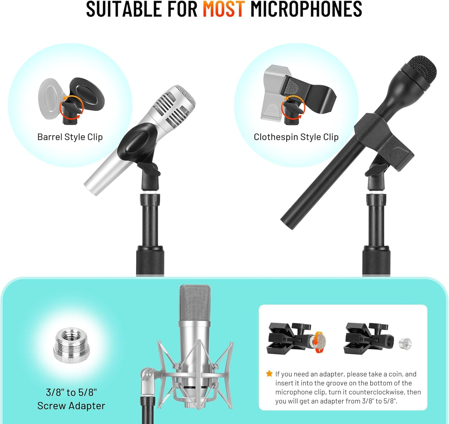 CAHAYA Mic Stand Floor Detachable - Microphone Stand Heavy Duty with Weighted Round Base Phone Holder and 2 Mic Clips Portable Mic Stands Height Adjustable 50" to 64" for Singing Performance Stage