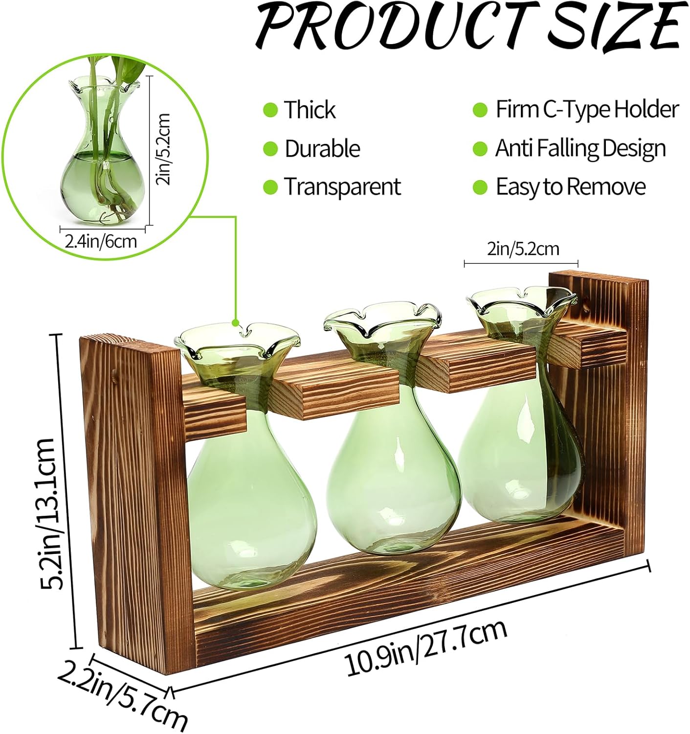 Plant Propagation Station Plant Terrarium Unique Birthday Gifts for Women Home Office Decor Planter with Wooden Stand - 3 Bulb Glass Vase