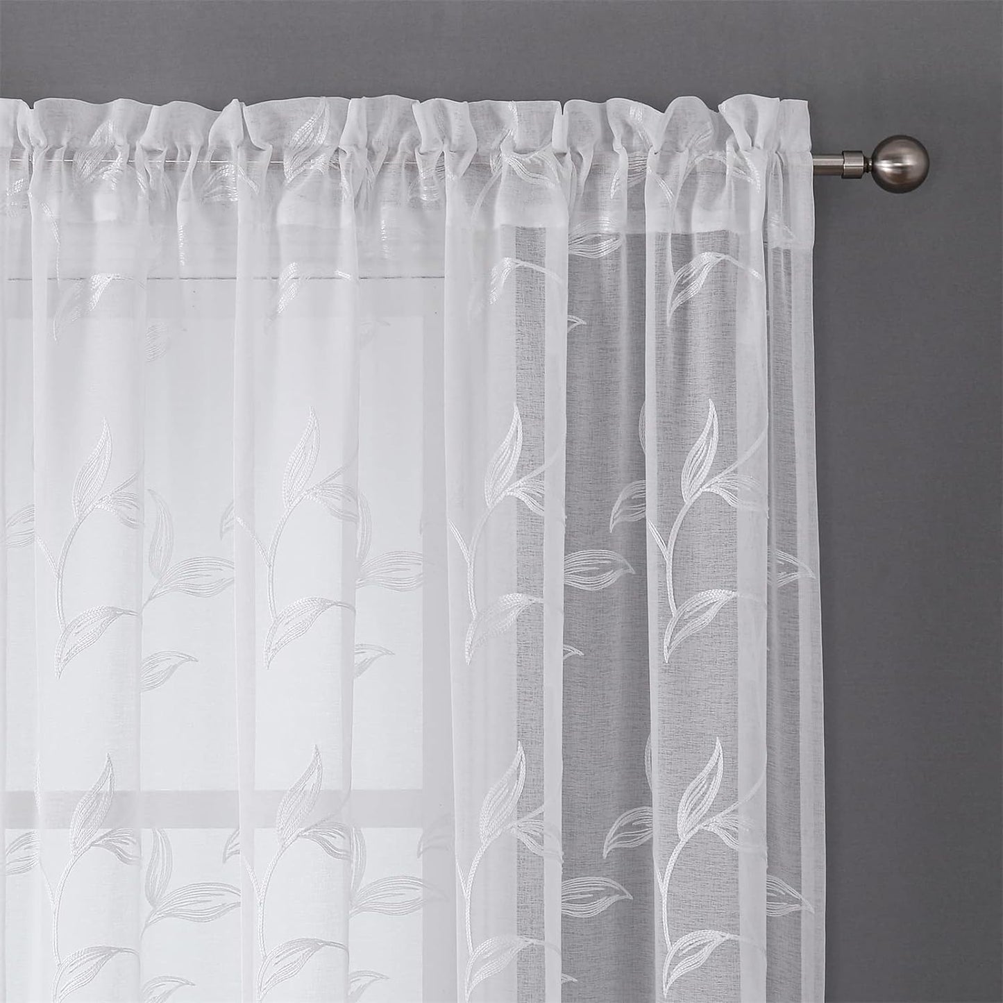 VISIONTEX White Sheer Voile Curtains, Decorative White Embroidery Faux Linen Rod Pocket Window Drapes for Home Kitchen, Living Room and Bedroom 54 x 63 Inch, Set of 2 Curtain Panels