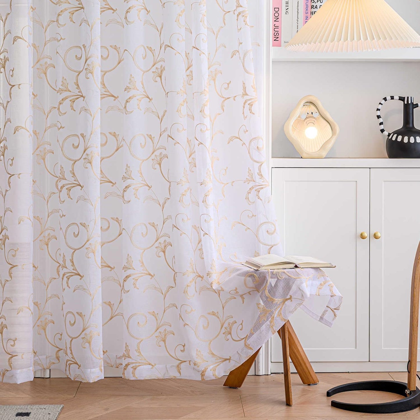 White Sheer Curtains 84 Inches Long, Rod Pocket Sheer Drapes for Living room, Bedroom, 2 Panels, 52"x84", Vintage Beige Floral Patterned Boho Window Curtains for Yard, Patio, Villa, Parlor.