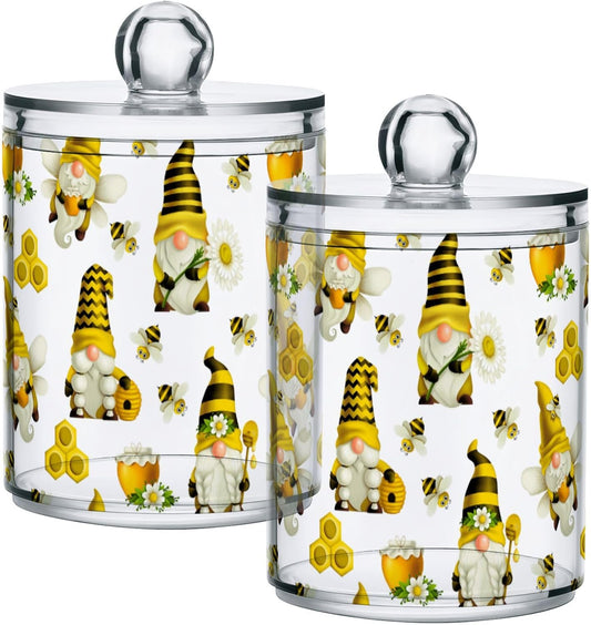 Qtip Holder Dispenser 2 Pack Gnome Bees Flying Dwarf Daisy Apothecary Jars with Lids Bathroom Vanity Countertop Canister Storage Organizer for Cotton Ball,Swabs,Pads,Floss