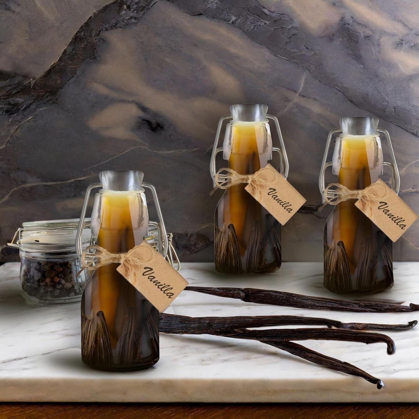 BLUE PANDA Mini Glass Bottles Swing Top - 15 Pack 2 Oz/60 ml Blue & White - Kraft Tags & Jute Twine Included - Wedding Favor Glass Bottles & DIY Jars