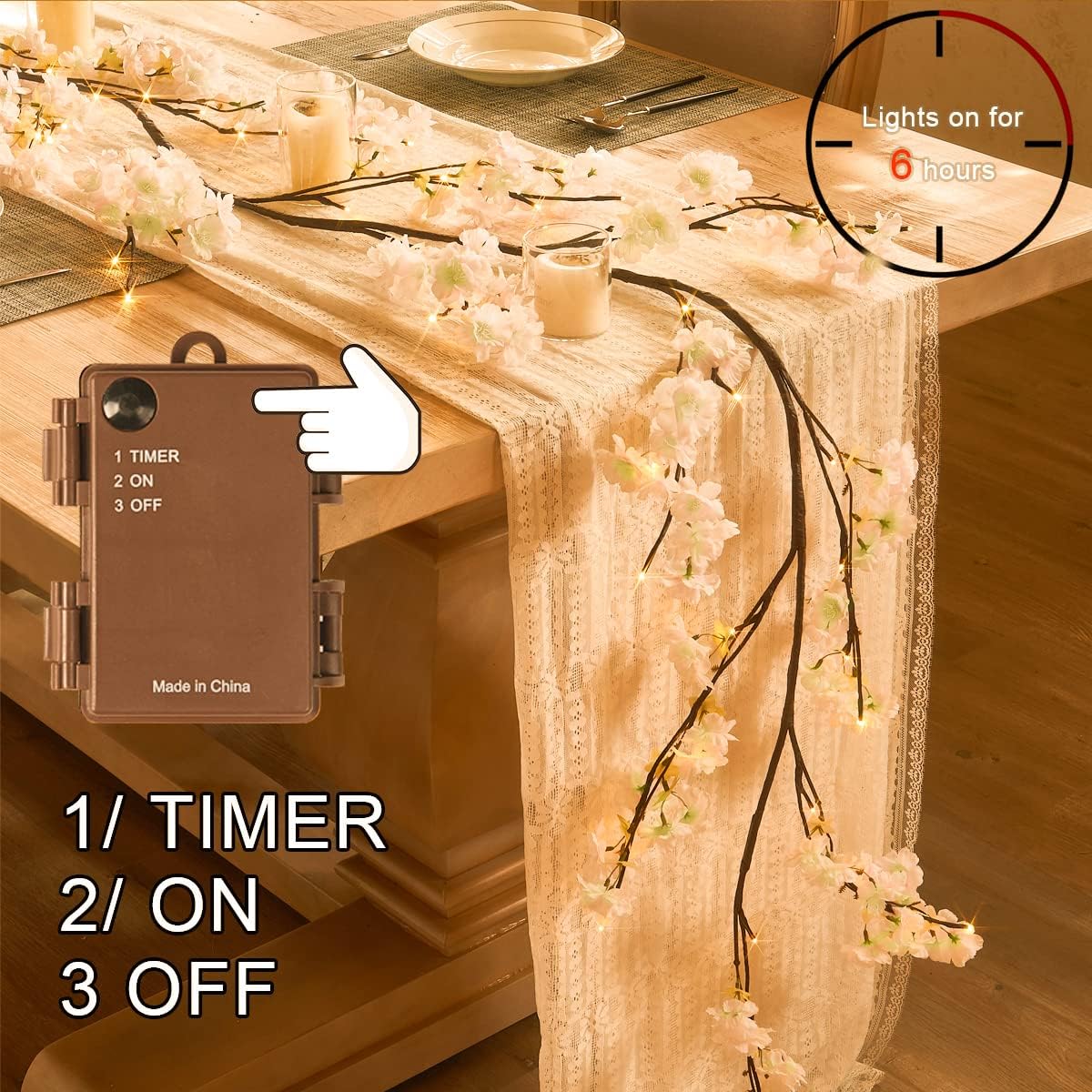 Fudios Lighted White Cherry Blossom Garland Decor with Timer 96 LED Fairy Lights 6FT for Mantle,Artificial Flower Vine with Lights Battery Operated Valentines Wedding Party Indoor Outdoor