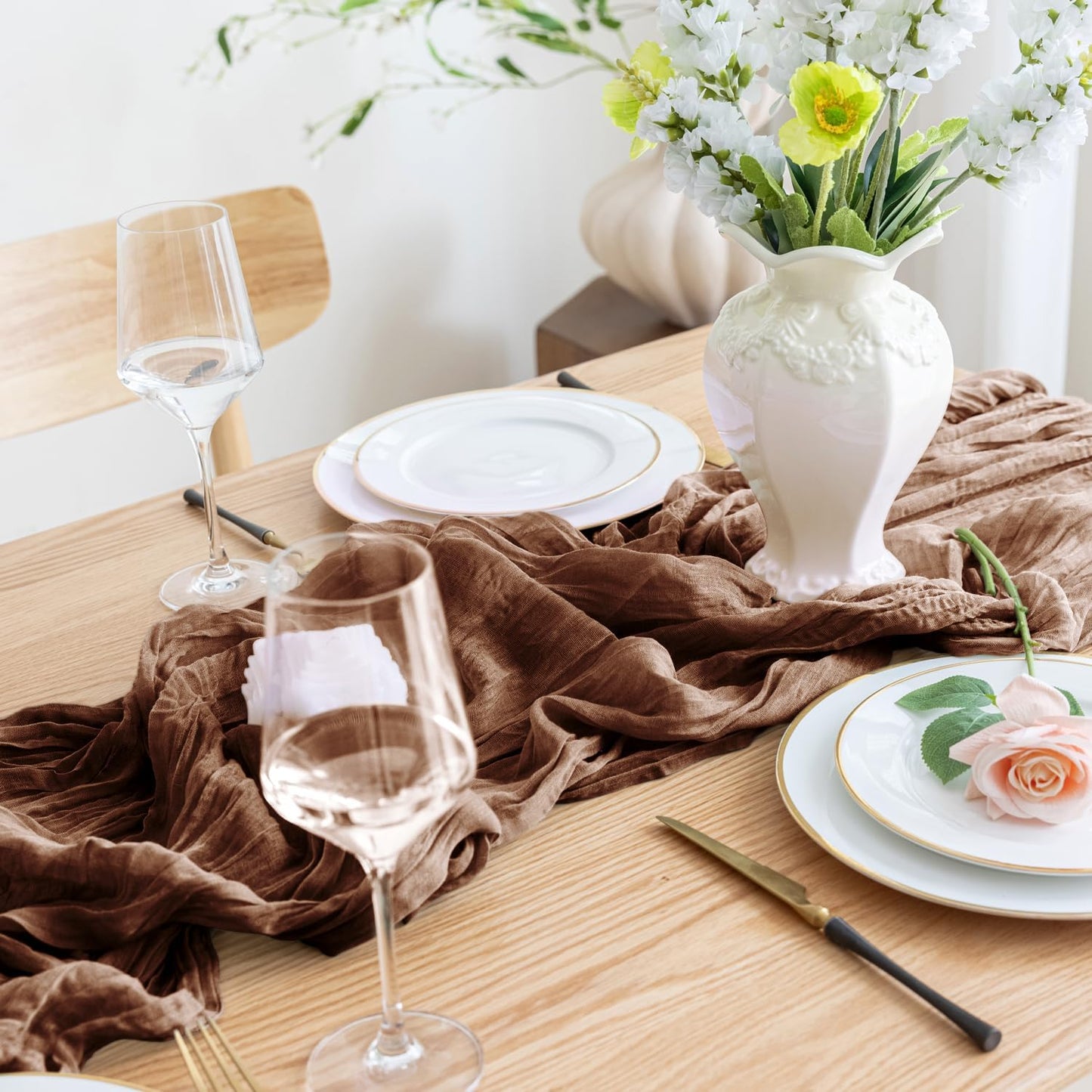 Asee'm 6pcs Cheesecloth Table Runner 120 Inches Long Brown Boho Gauze Cheese Cloth Runner 10FT Rustic Sheer Fall Table Runners for Thanksgiving Christmas Wedding Party Baby Shower Decoration