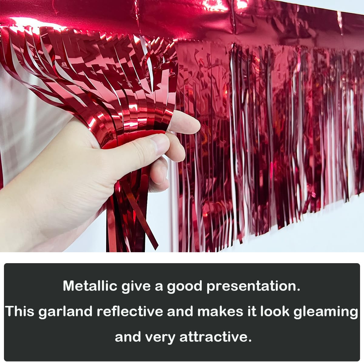 4 Pack Total 40 Feet Foil Fringe Garland Metallic Wall Hanging Drapes Tassel Skirting Tinsel Streamers Decorations for Parade Float Trailer Mardi Gras Party Birthday Wedding (Red)
