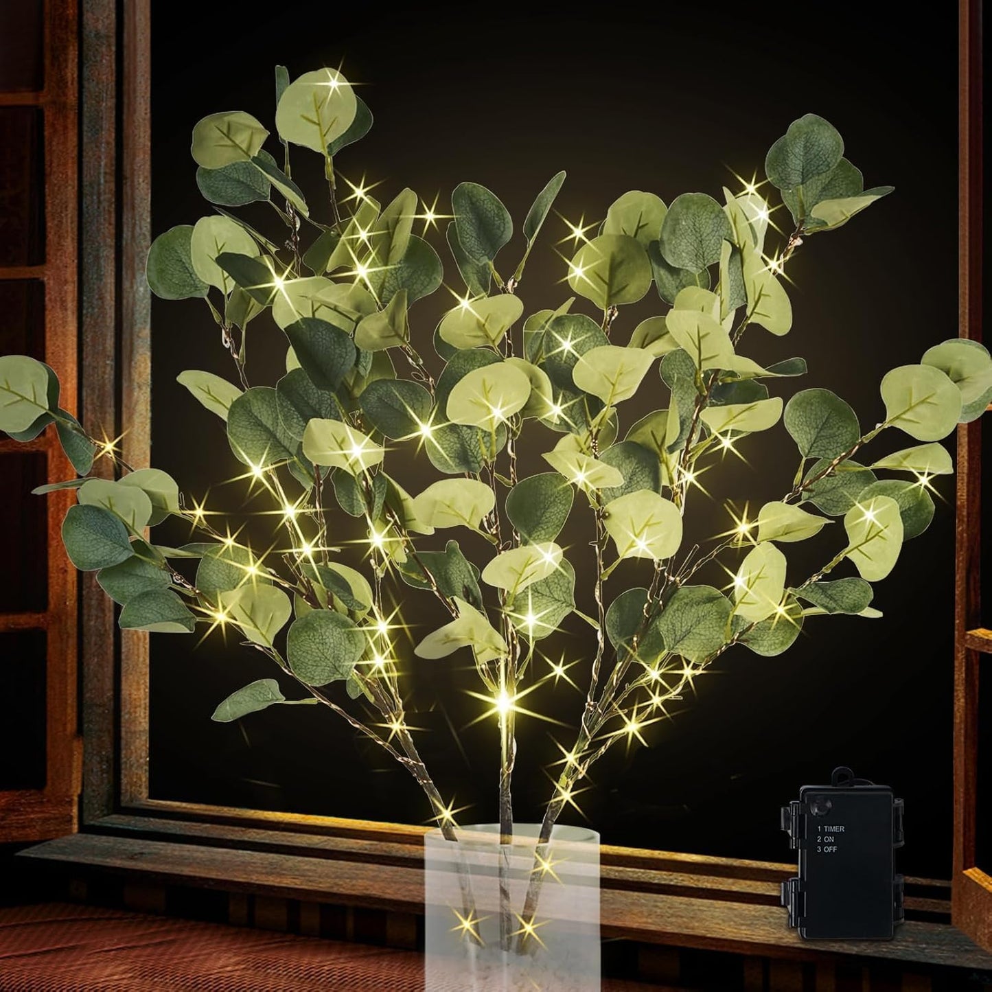 Lighted Eucalyptus Branches with Timer, Lighted Branches 33IN 99 LED, Artificial Light, Eucalyptus Night Light, Artificial Plant for Home Spring Party Wedding Decor-Battery Operated, Home Decor
