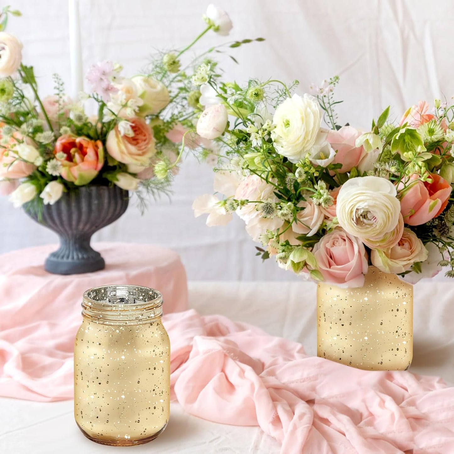 Layhit 6 Pcs Painted Mason Jars Colored Painted Mason Jars Centerpiece for Table with 6 Pcs 9.84 ft 30 LED Operated Fairy Lights for Wedding(Gold)