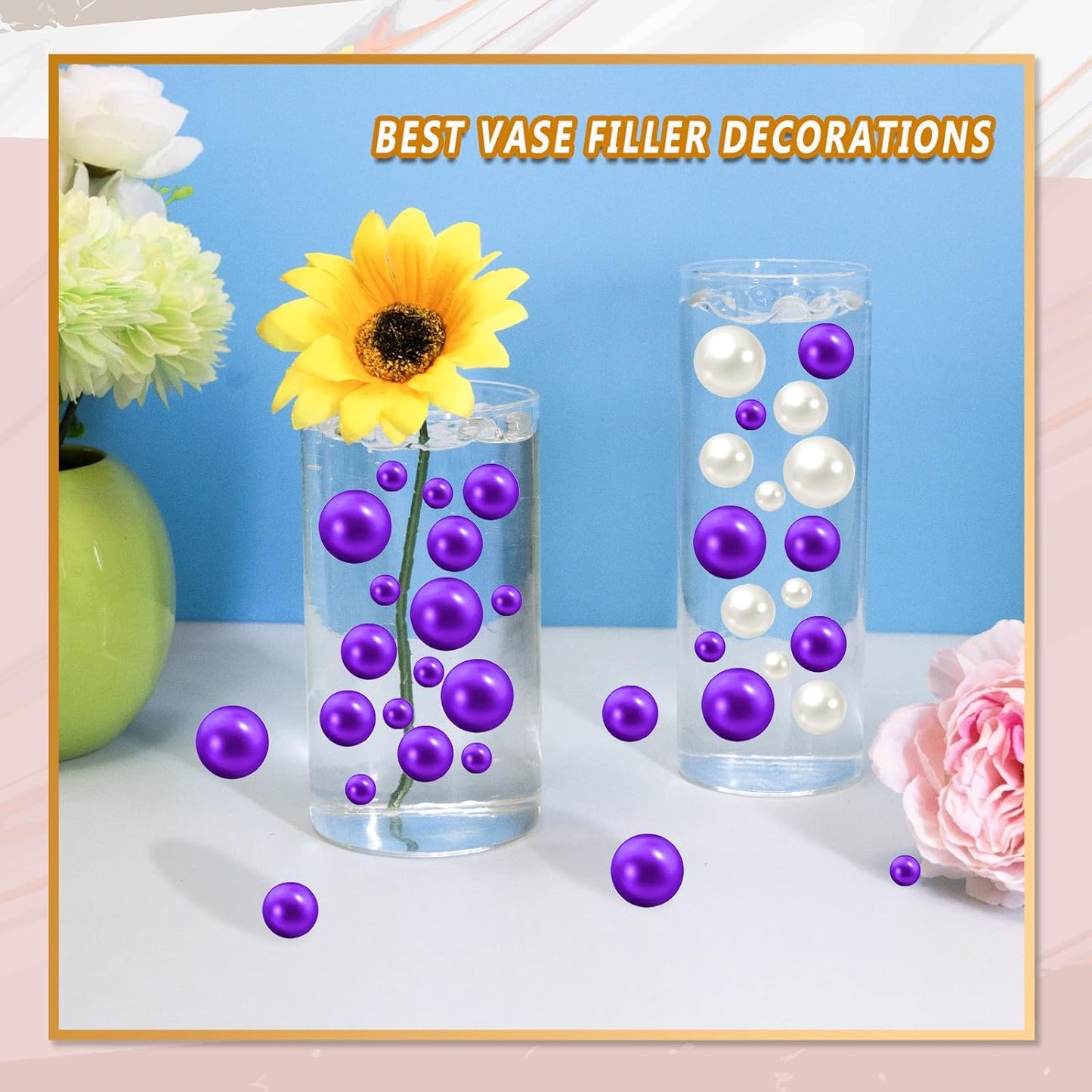 300Pcs Vase Filler Purple No Hole Faux Pearl Beads for Vase Filling Decorations, Candle Centerpieces, Wedding Centerpieces, Home Party Decor (8/14/20mm)