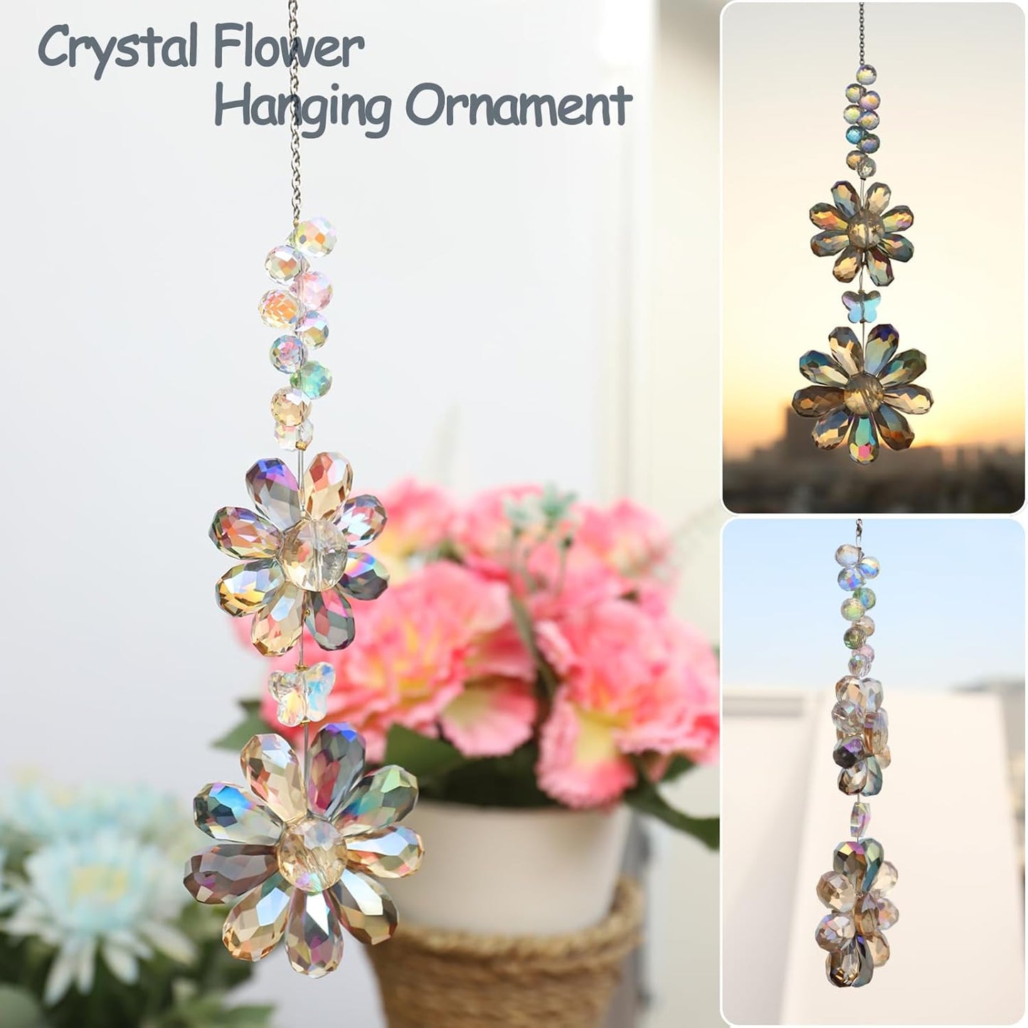 Crystal Flower Suncatcher Hanging Ornament, Rainbow Maker Window Sun Catcher Indoor Outdoor Patio Garden Decor (Deep Multicolor)