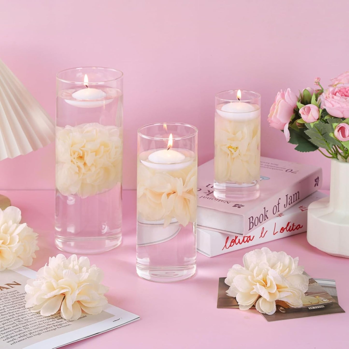 24 Pcs Floating Candles for Centerpieces and Floating Flowers for Centerpieces Champagne Artificial Flowers Vase Fillers for Wedding Table Party Home Decoration