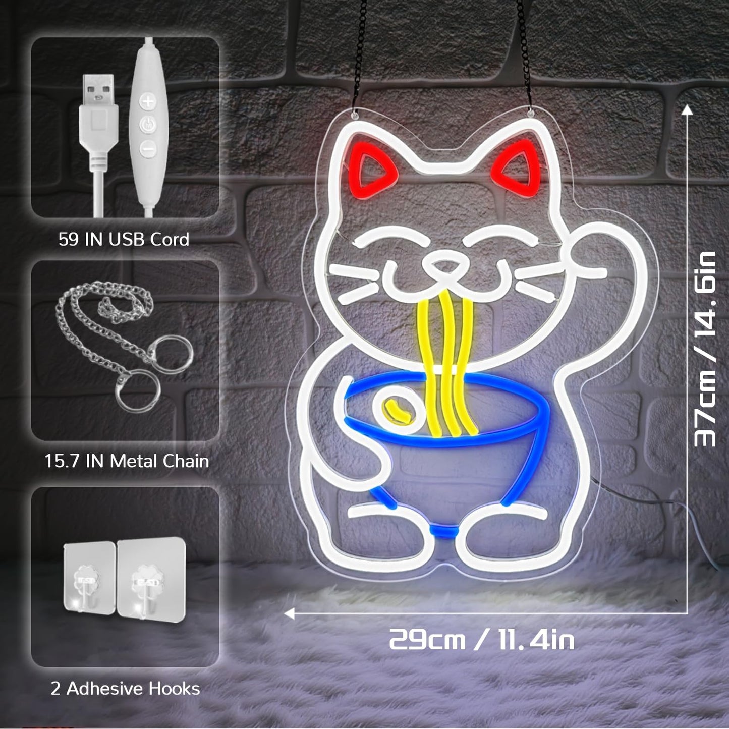 Lucky Cat Ramen Neon Sign,Neon Signs for Wall Decor,Dimmable USB Led Cat Sign,Neon Lights for Bedroom,Japanese Lucky Cat Noodle Led Neon Signs,Gift for Ramen Lovers,Anime Fans & Foodies