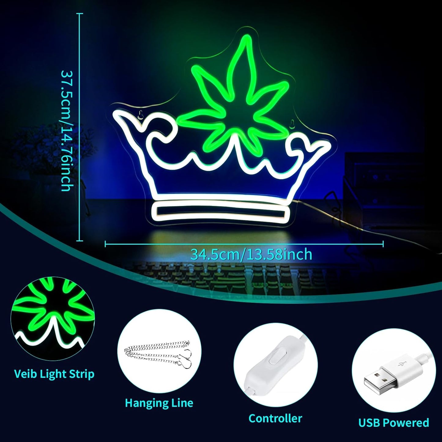 Leaf Crown Neon Signs for Wall Decor Green White LED Neon Sign for Room Neon Light Sign for Wall Decor Birthday Party USB Powered