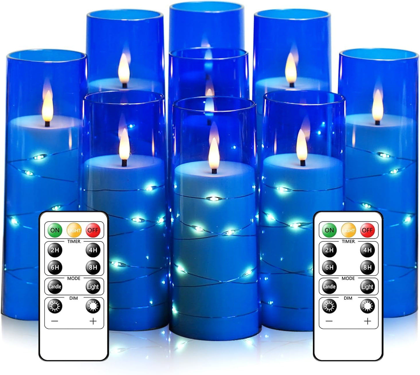 Flameless LED Candles with Timer 9 Pc Flickering Flameless Candles for Romantic Ambiance and Home Decoration Stable Acrylic Shell,with Embedded Star String，Battery Operated Candles（Blue）