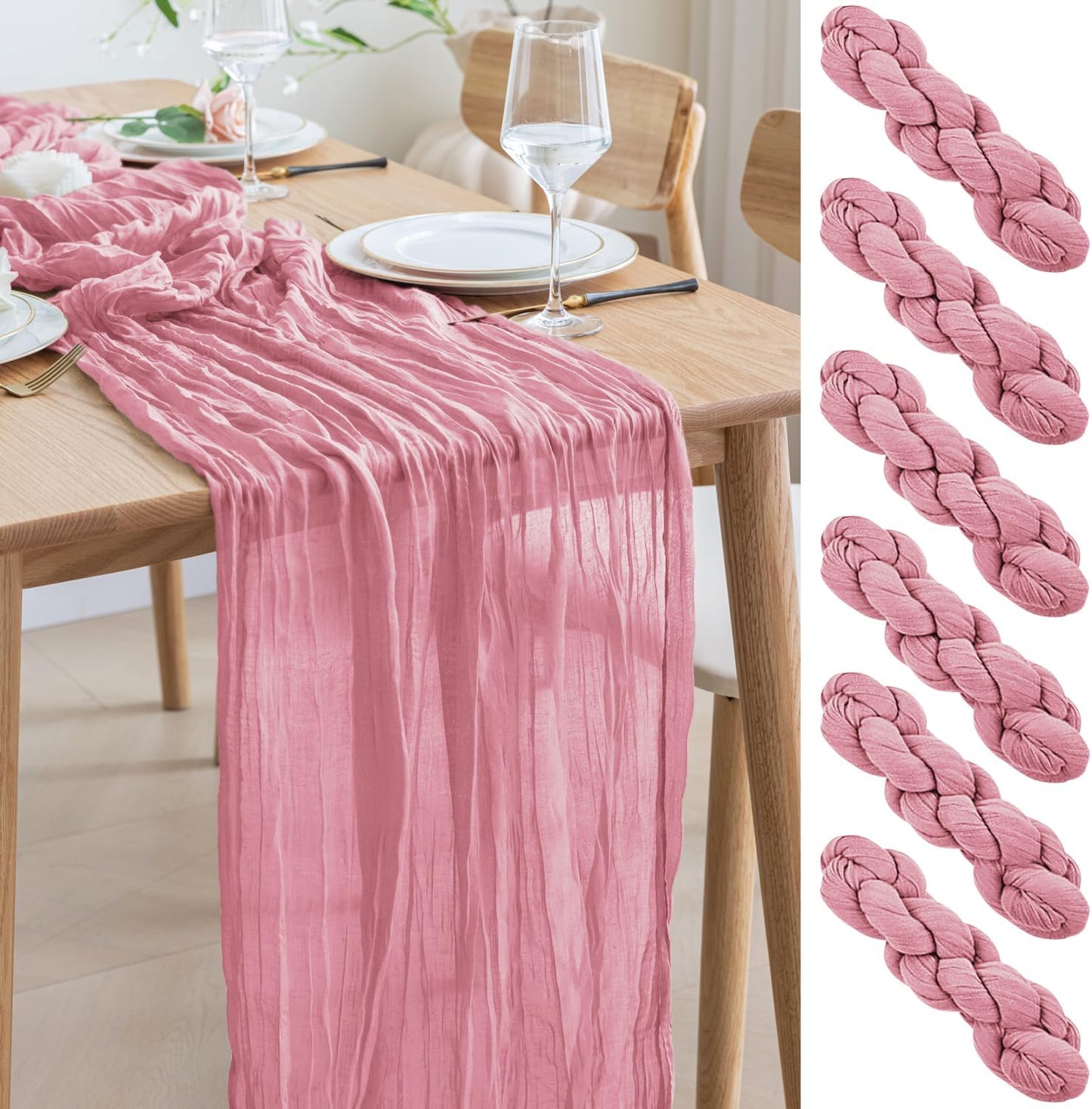 Asee'm 6pcs Cheesecloth Table Runner 120 Inches Long Pink Boho Gauze Cheese Cloth Runner 10FT Rustic Sheer Table Runners for Christmas Wedding Party Baby Shower Spring Easter Decoration