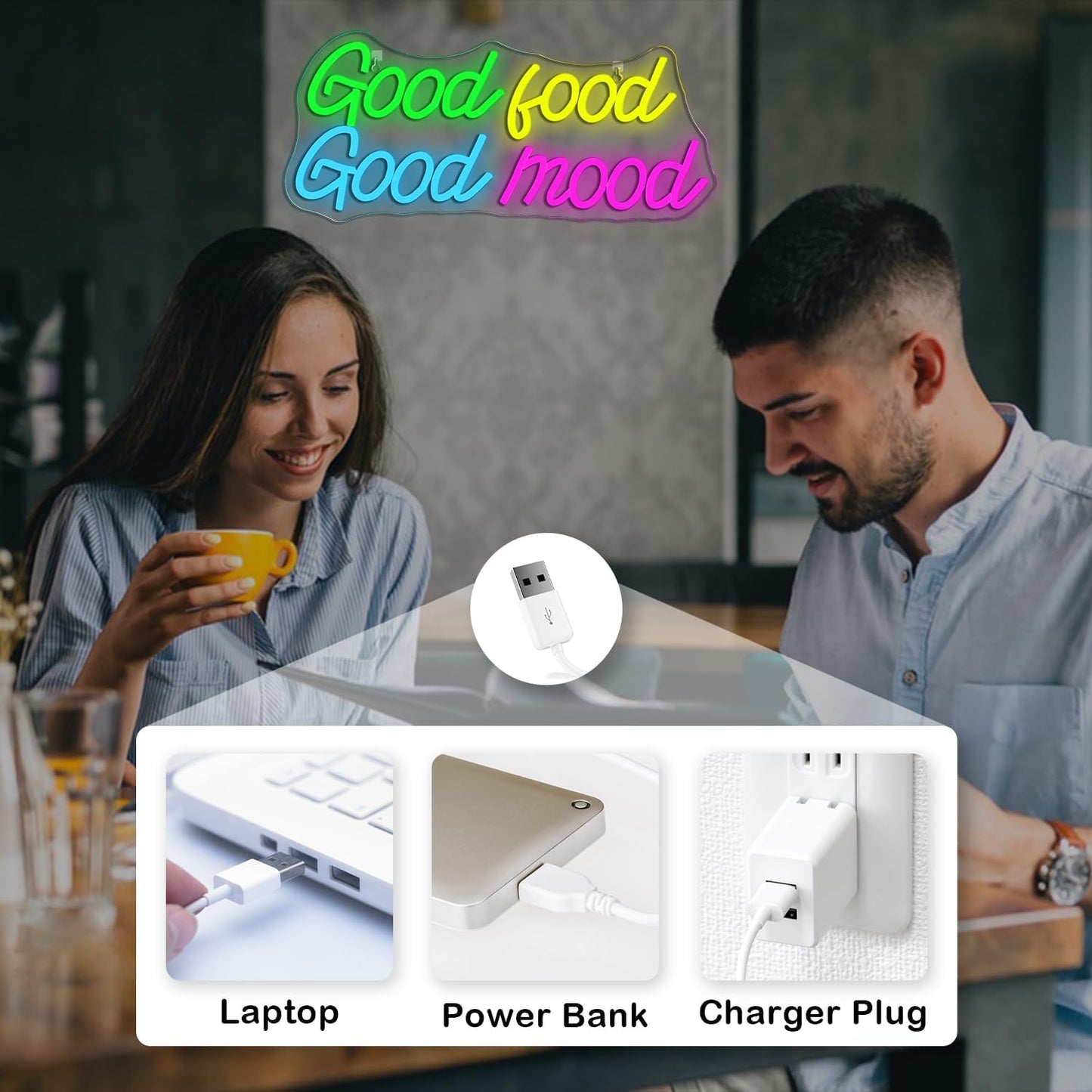 Looklight Good Food Good Mood Neon Sign,Letter Neon Signs for Wall Decor,Colorful Dimmable Neon Lights,USB Led Neon Signs for Kitchen Fast Food Shop Cafe Restaurant Store