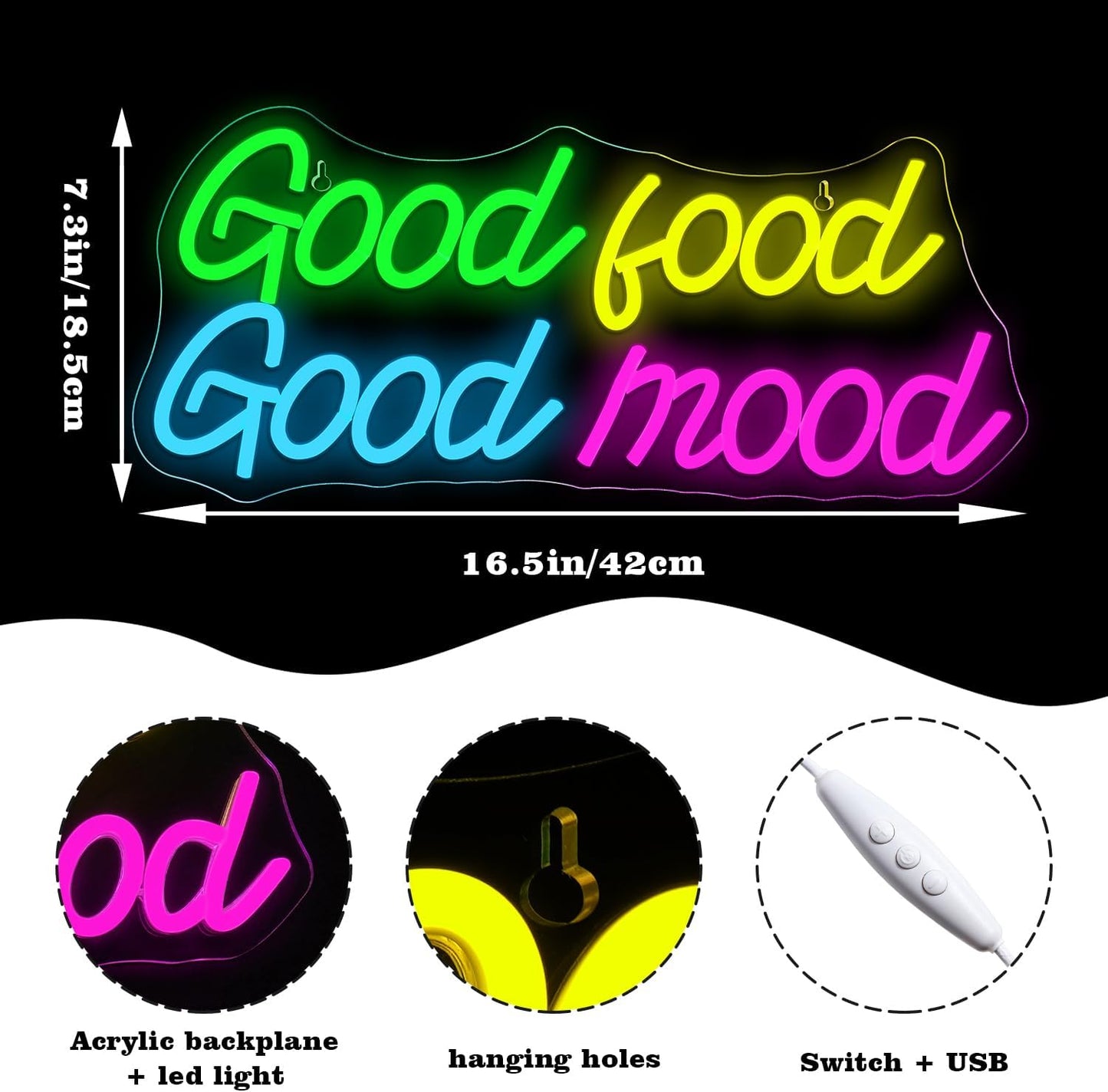 Looklight Good Food Good Mood Neon Sign,Letter Neon Signs for Wall Decor,Colorful Dimmable Neon Lights,USB Led Neon Signs for Kitchen Fast Food Shop Cafe Restaurant Store