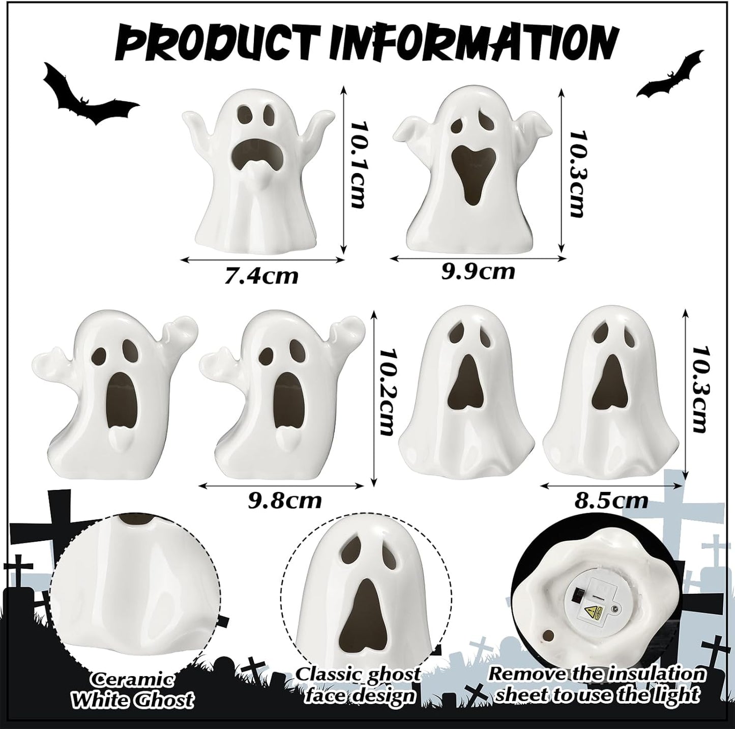 Wesiti 6 Pcs Ceramic Ghost Light up Halloween Decorations Indoor Small White Ghost Figurines Gothic Home Decor Spooky Statue Gift for Desk Tabletop Centerpieces Party Props