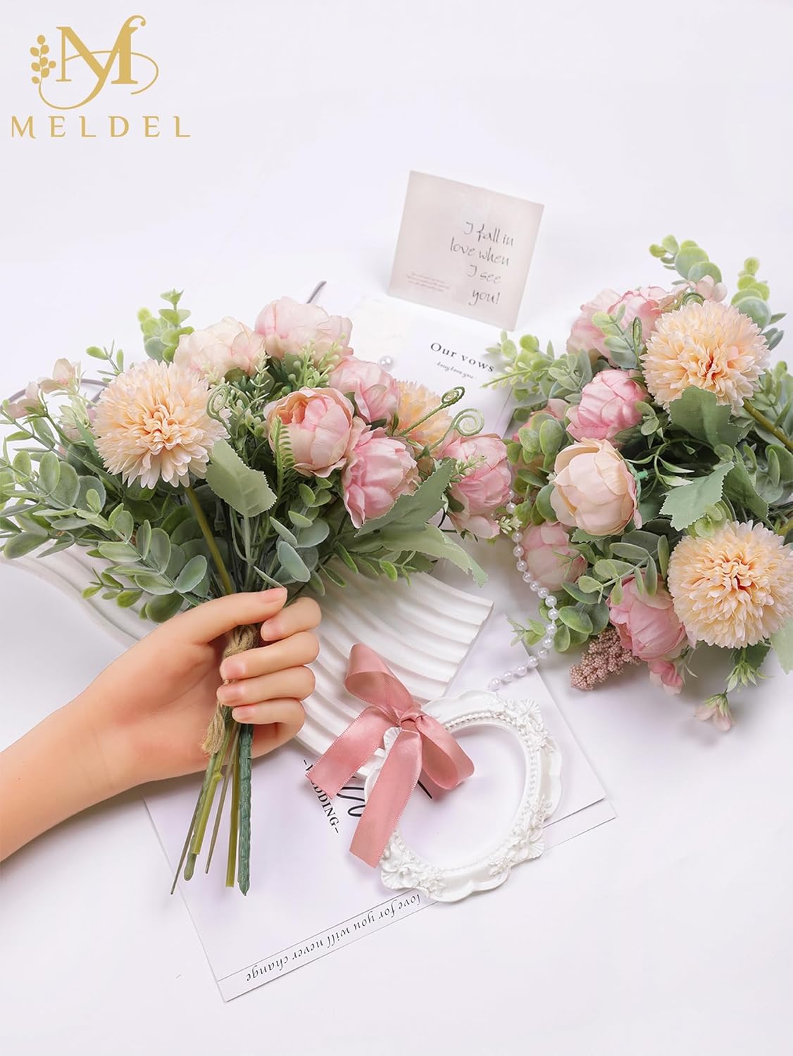 Meldel 3Pcs Peony Bouquet Light Pink Champagne Rose Artificial Flowers Eucalyptus Plants Silk Flower Arrangements Wedding Bouquets Decorations Plastic Floral Centerpieces for Home Kitchen Party Decor