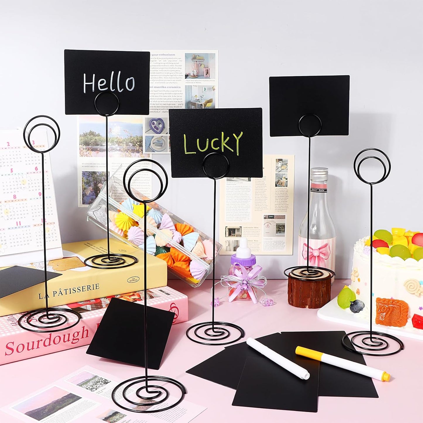 30 Pack Mini Chalkboard Signs 4"x3" Small Chalkboard Label with Metal Stand Chalk-Board Signs Tabletop with 2 Water Based Chalk for Food Buffet Party, Blackboard for Message Board Si-gns, Black