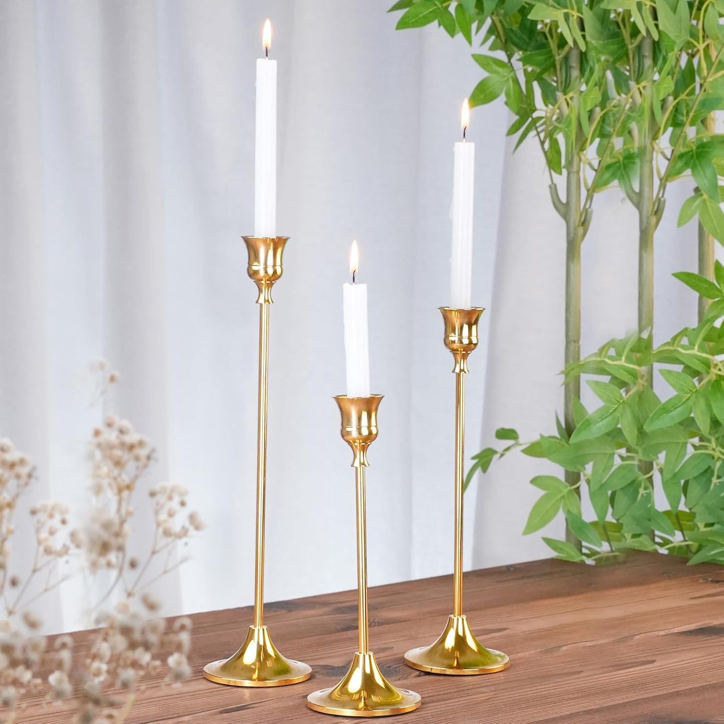 Metal Candle Holders for Candlesticks Taper Candlestick Holders Set Vintage Decorative Centerpiece Candelabra Tall Candle Stands for Halloween Thanksgiving Christmas (Gold, 1 Set (3 pcs))