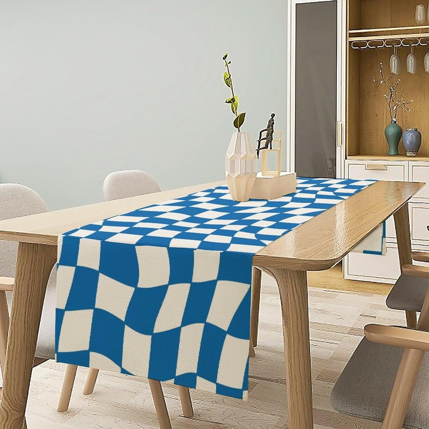 Table Flag Retro Plaid 60s70s Blue Plaid Table Flag Kitchen Restaurant Decoration Suitable for Indoor and Outdoor Festival Home Wedding Party Table Flag 13x60