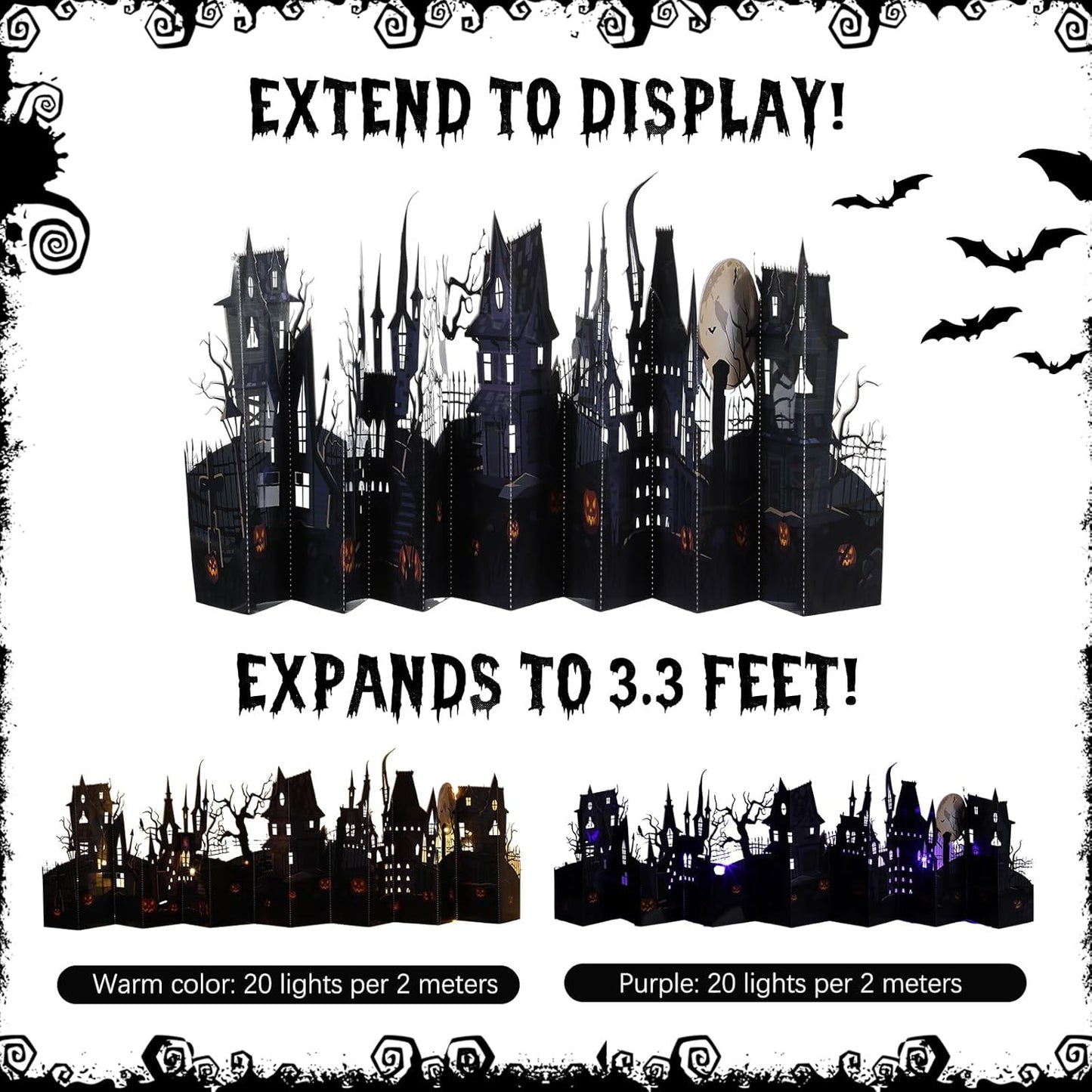 Geyoga Halloween Pop-up Card with 2 LED Lights 40" Halloween 3D Greeting Card Long Enchanted Eerie Village for Table Centerpiece Party Decoration