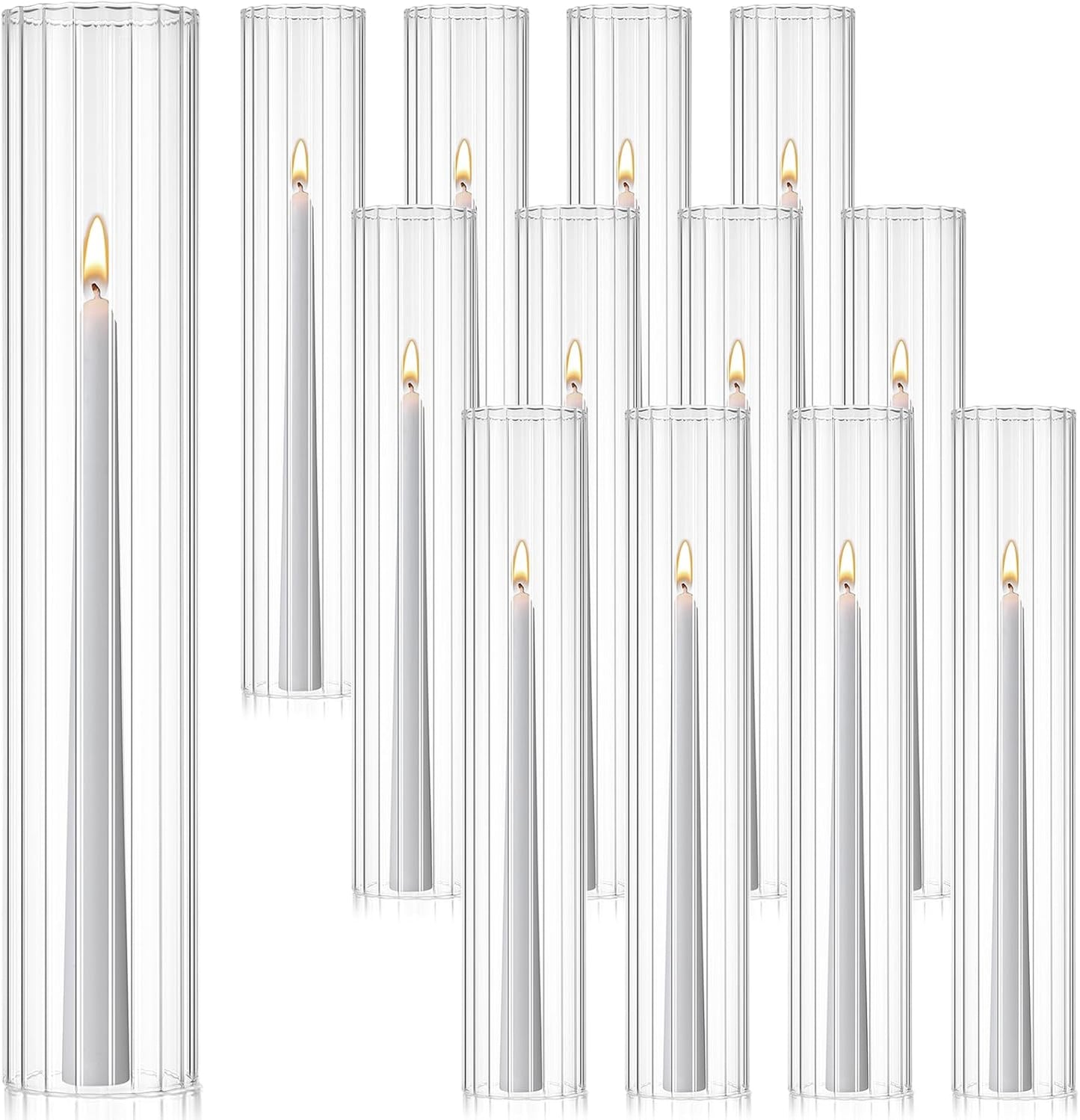 12 Pcs Hurricane Glass Candle Holders 2.5 x 14 Open Ended Tube Ribbed Shade Bottomless Chimney Cylinder Taper Candle Cover for Wedding Anniversary Table Centerpiece