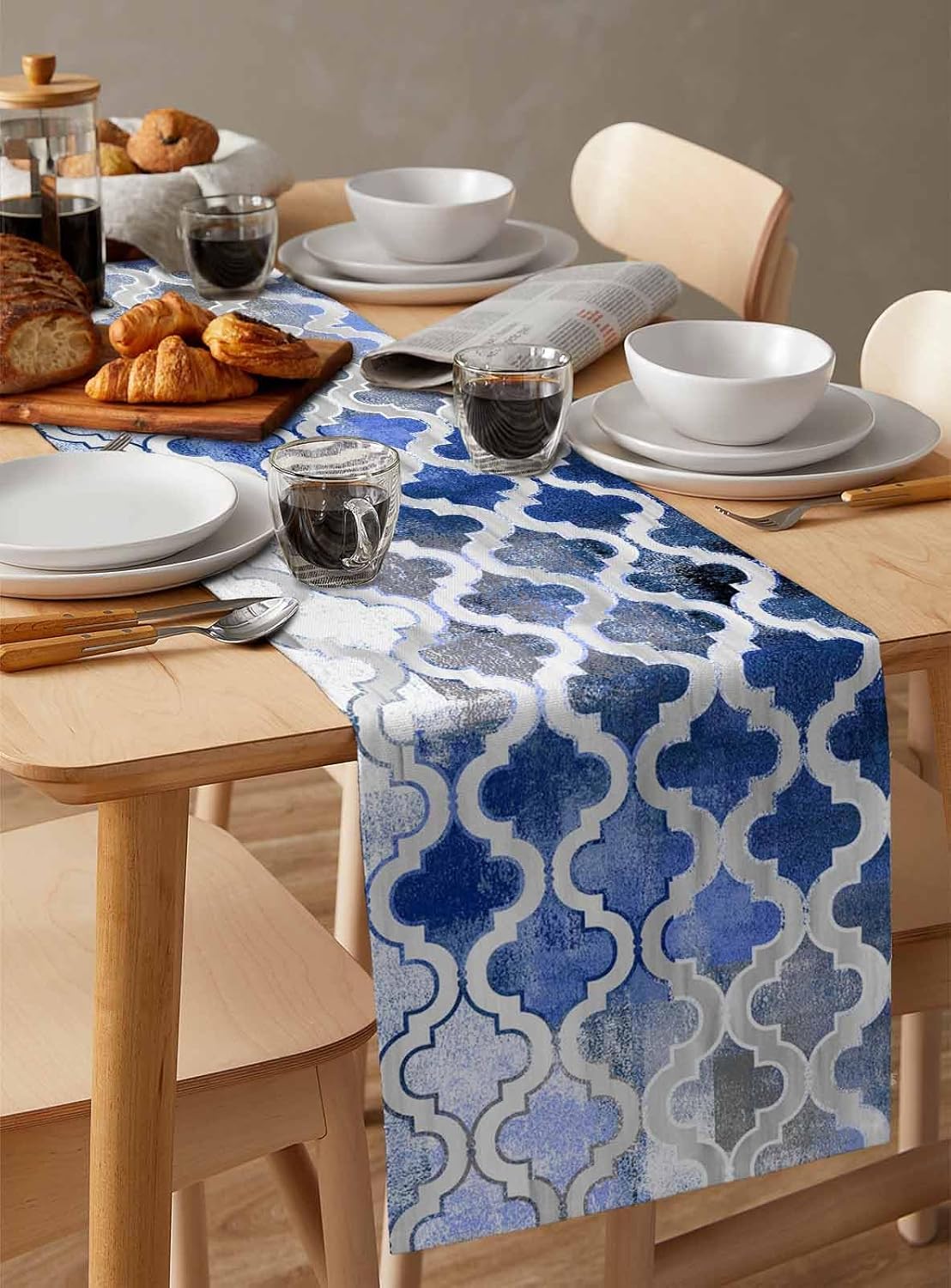 Blue Morocco Plaid Cotton Linen Table Runner for Dining Kitchen, Wedding Outdoor Party Tablerunners Decoration, Distressed Abstract Painted Vintage Dresser Scarf Coffee Tablecloth Runners 13x48 Inches