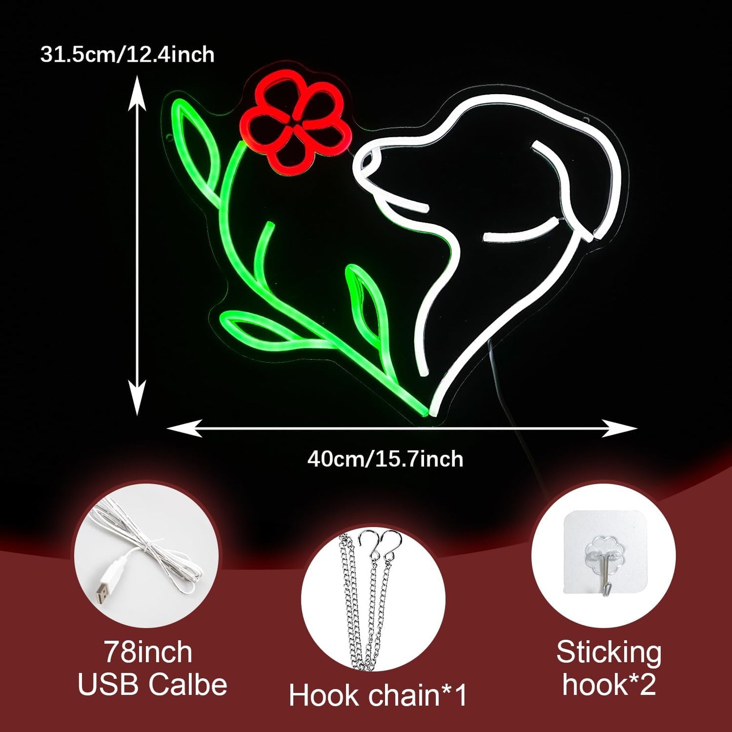 Cute Dog Neon Sign LED Flower Neon Light Suitable for Wall Decor Powered by USB Dimmable Love Dog Light Up Sign for Pet Shop Flower Shop Bedroom Gifts For Lover(15.7 * 12.4In)