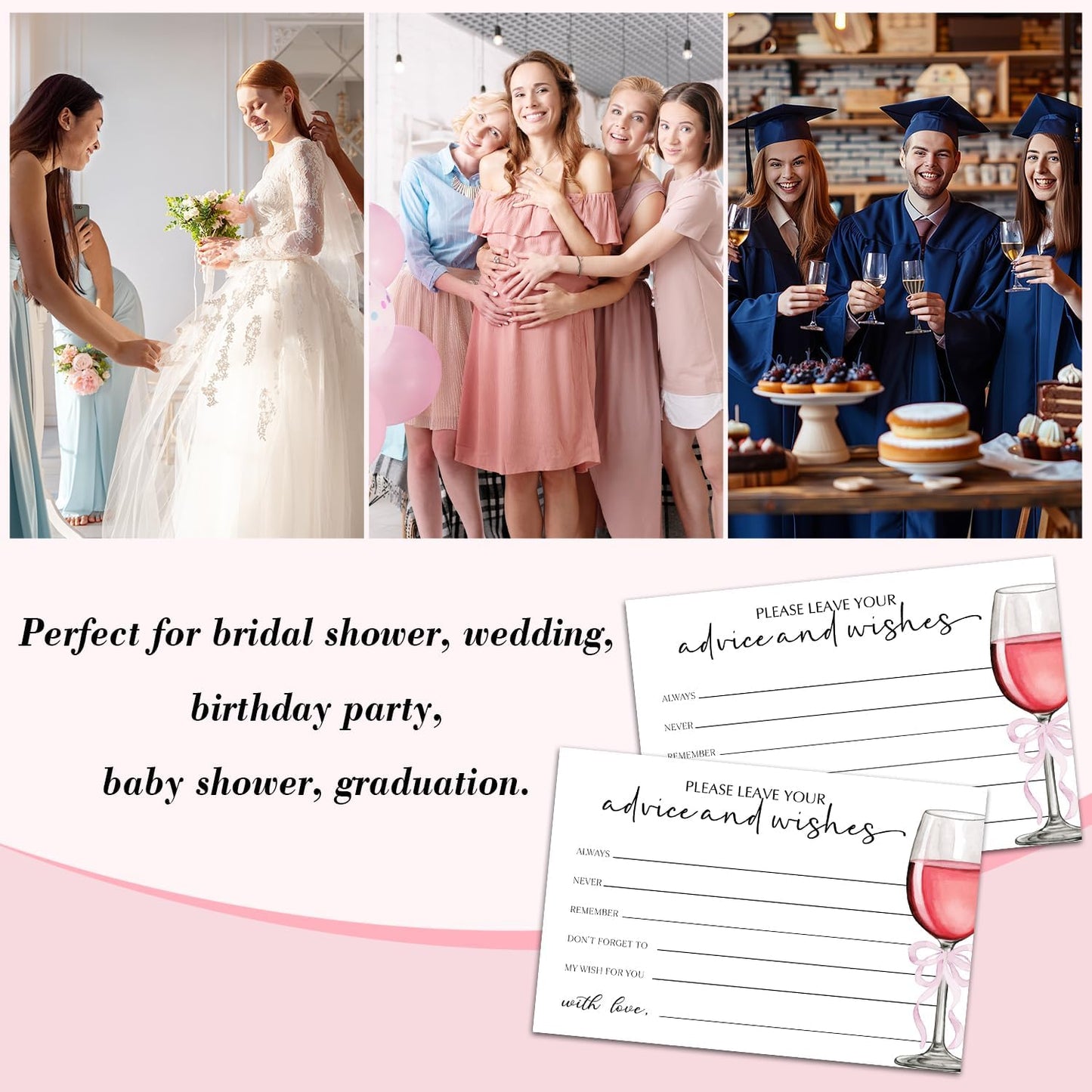 25 Advice and Wishes Cards, Red Wine & Bow Fill-In Advice Cards for Bridal Shower Wedding Birthday Party Baby Shower Graduation Party, Well Wishes Card for Mr & Mrs Adults, Party Supplies -05