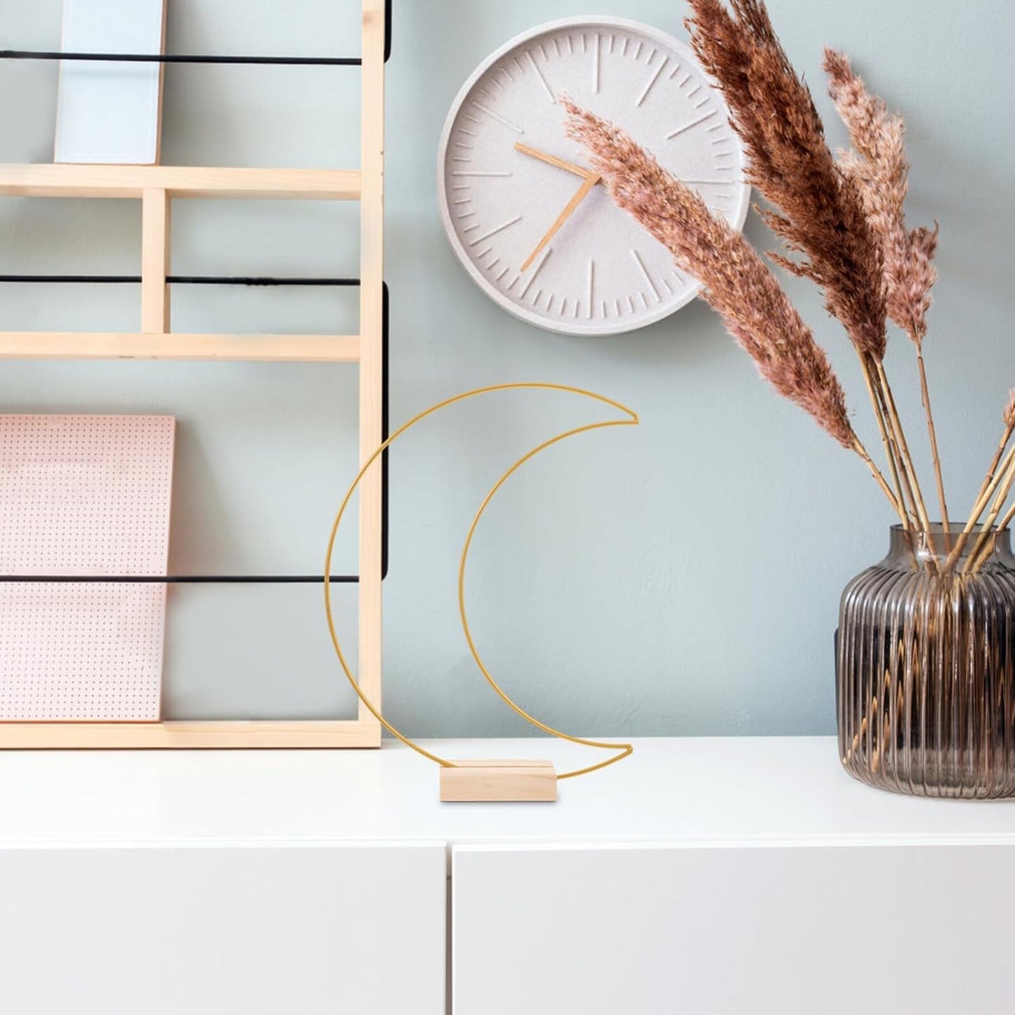 Dining Table Decor 10 Sets Metal Floral Hoop Moon Shaped Metal Wreath Ring Stand with Wood Holder Centerpiece Table Decor for DIY Xmas Wedding Table Decor Flower Garlands (Moon,26x20cm