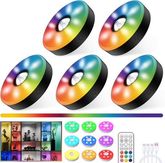 Rechargeable Puck Lights with Remote Control, 12 Color Changing Under Cabinet Lighting, Wireless RGB tv Led lights for bedroom & Closet, Dimmable Magnetic under counter lights for kitchen, Shelf,Party