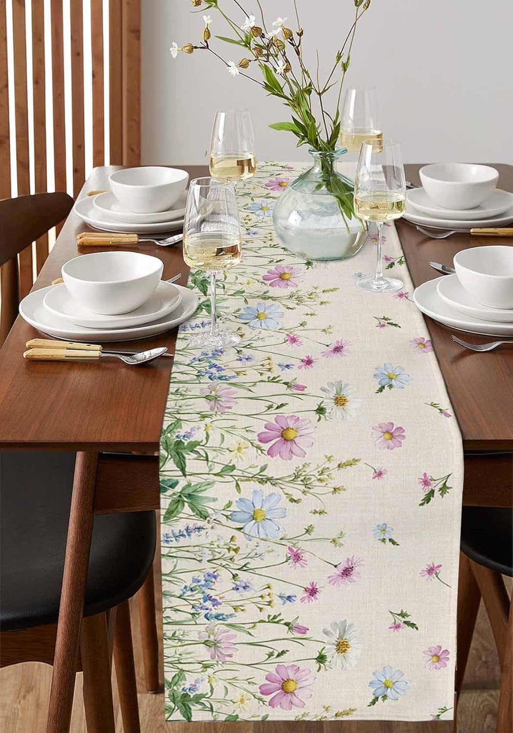 Vintage Wildflowers Cotton Linen Table Runner for Dining Kitchen, Wedding Outdoor Party Tablerunners Decoration, Farm Floral Pink Botanical Plants Dresser Scarf Coffee Tablecloth Runners 13x108 Inches