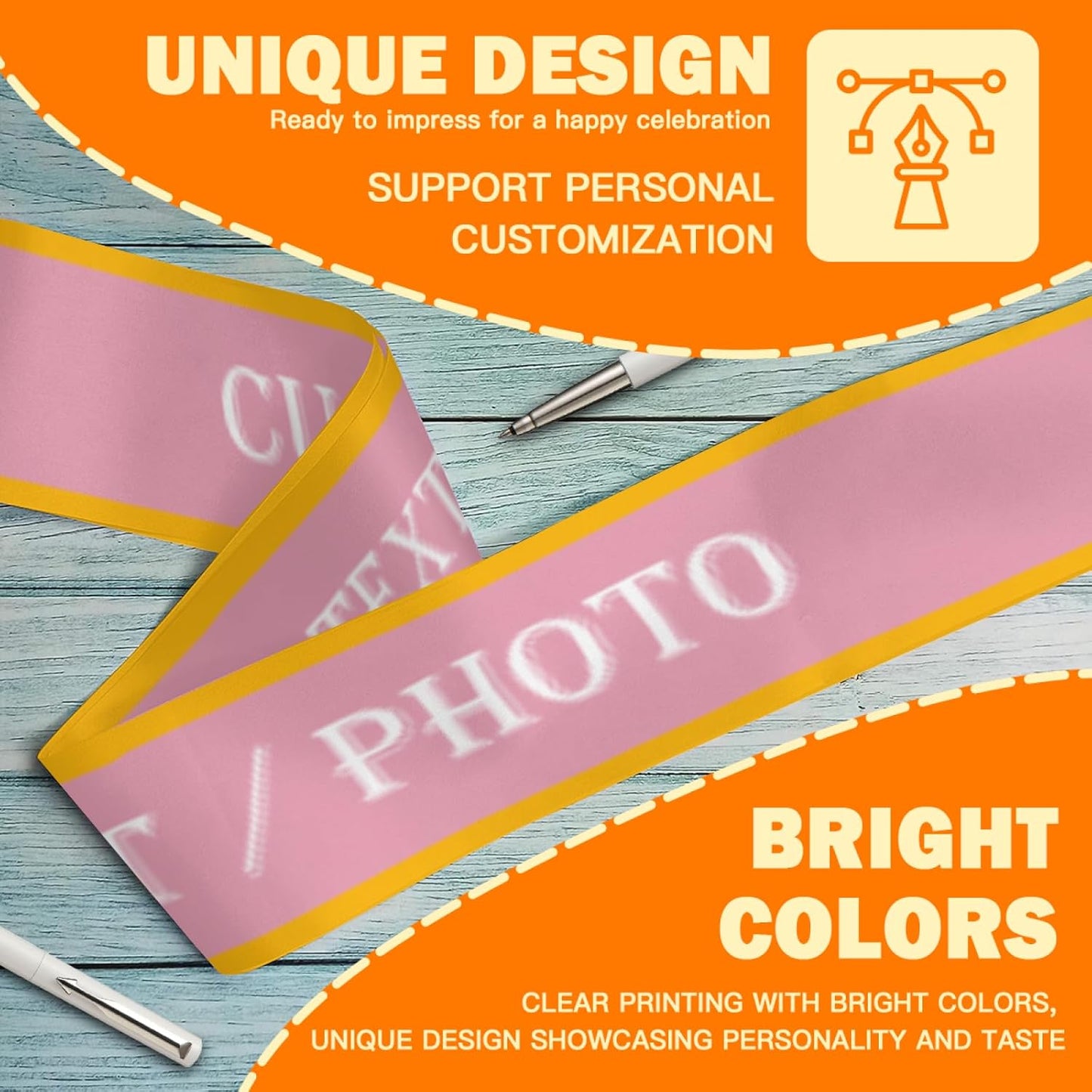 Custom Sash,Personalized Birthday Sash with Text Photo,Customized Bachelorette Sash Quote Sash Bride to Be Sash Color Optional (With decorative edge, Pink)