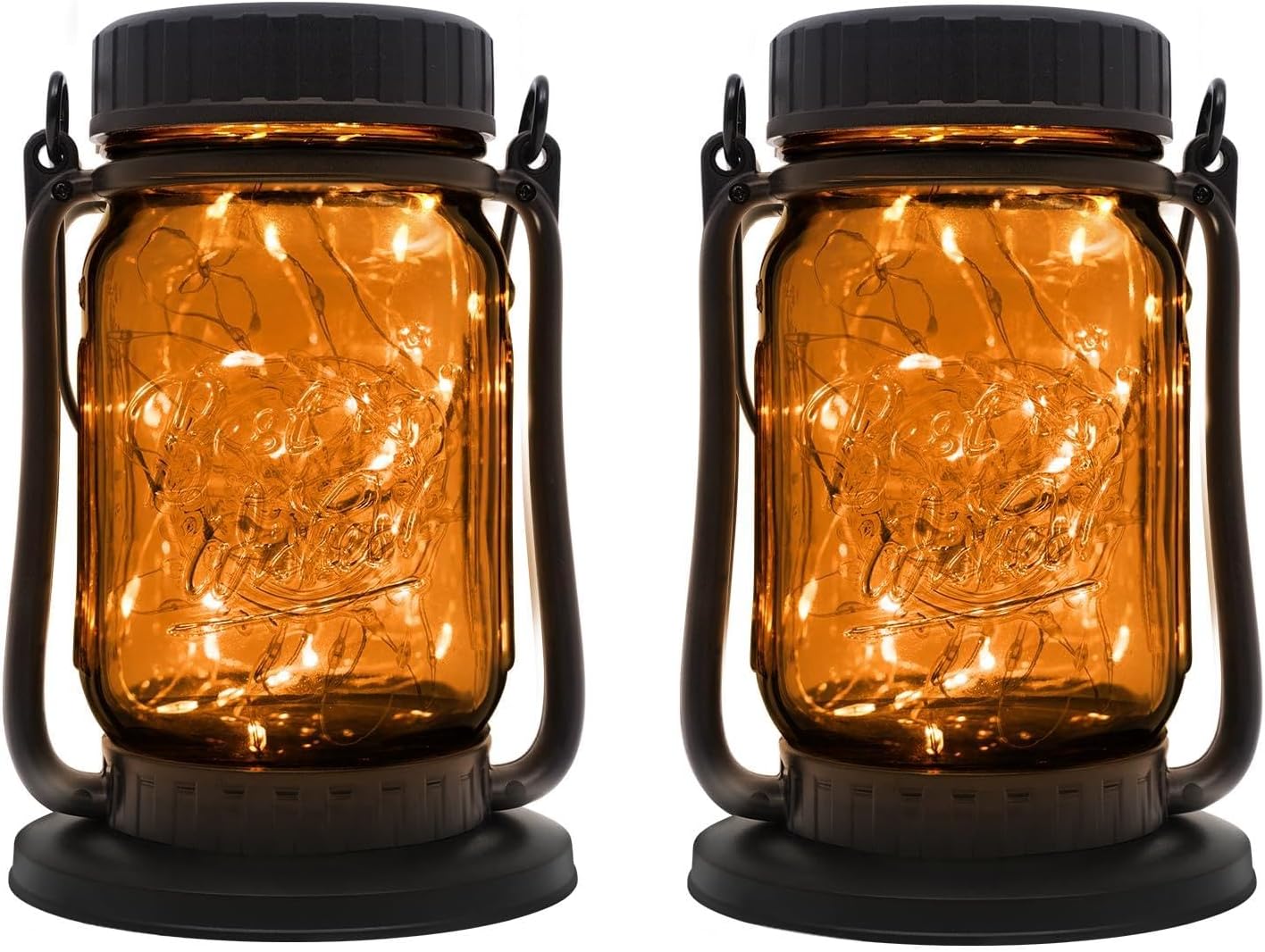 Mason Jar Lights - Solar Lantern Outdoor Waterproof, Hanging Solar Lights for Outside, Halloween, Fairy Twinkle Glass Decorative Lamp for Yard, Patio, Garden, Porch, Table, Wedding, Pack 2