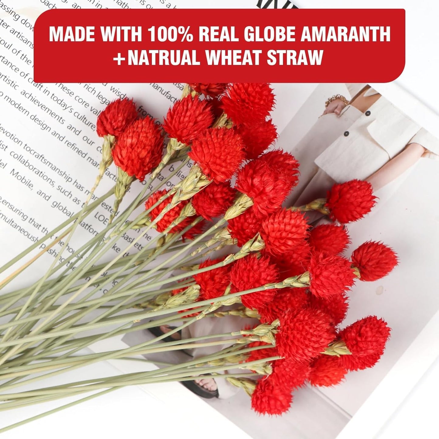 Dried Globe Amaranth Flower with Wheat Straw 40PCS Bouquet for Vase Home Decor Party DIY Arrangement(Bright Red)
