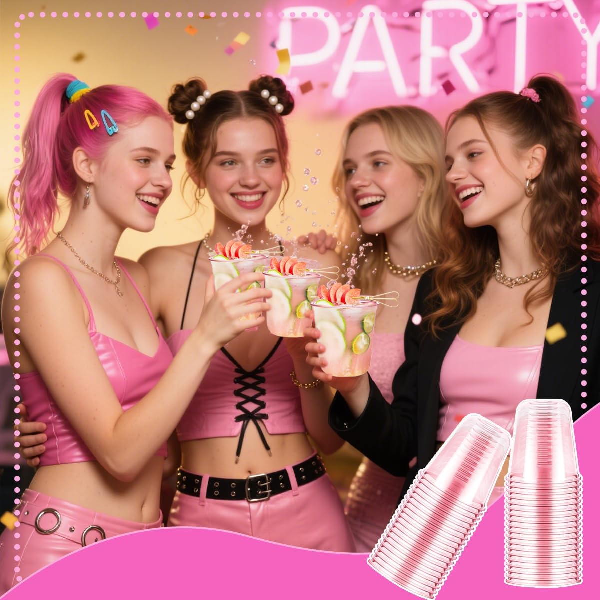 50Pcs Disposable Plastic Stemless Glasses,12oz Plastic Drinking Cups Wine Glasses for Cocktail Martini Party Cups for Birthday,Wedding,Meeting,Valentines,Christmas Holiday Party (50, Pink)