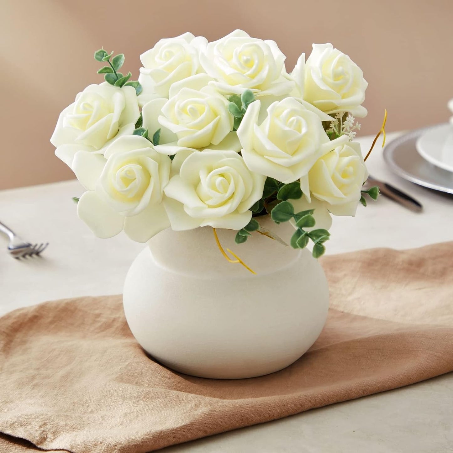 Juvale Centerpiece Table Decorations Ivory Artificial Roses - 100-Pack 3-Inch Foam Heads - Fake Flowers in Vase & Flower Decor - Wedding Table Decor & DIY Crafts