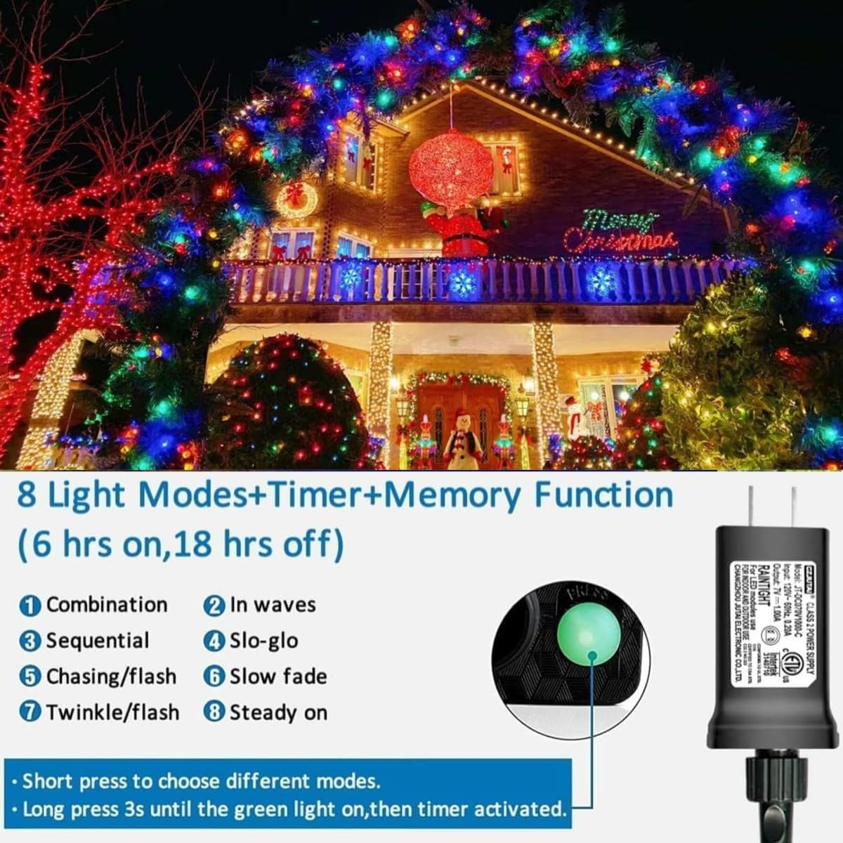 YEGUO 66ft 200 LED Christmas Light Outdoor Waterproof, 8 Modes String Lights Multicolor, Green Wire Twinkle Tree Light Plug in with Timer Memory
