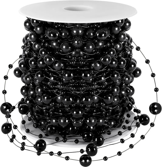 JULBEAR 131Ft Artificial Pearl Beads Garland Decoration, 1Rolls Black Pearl Strands Chain Bead Garland for Gothic Wedding Decor Bouquet Crafts Flower DIY Supplies Christmas Tree Ornaments
