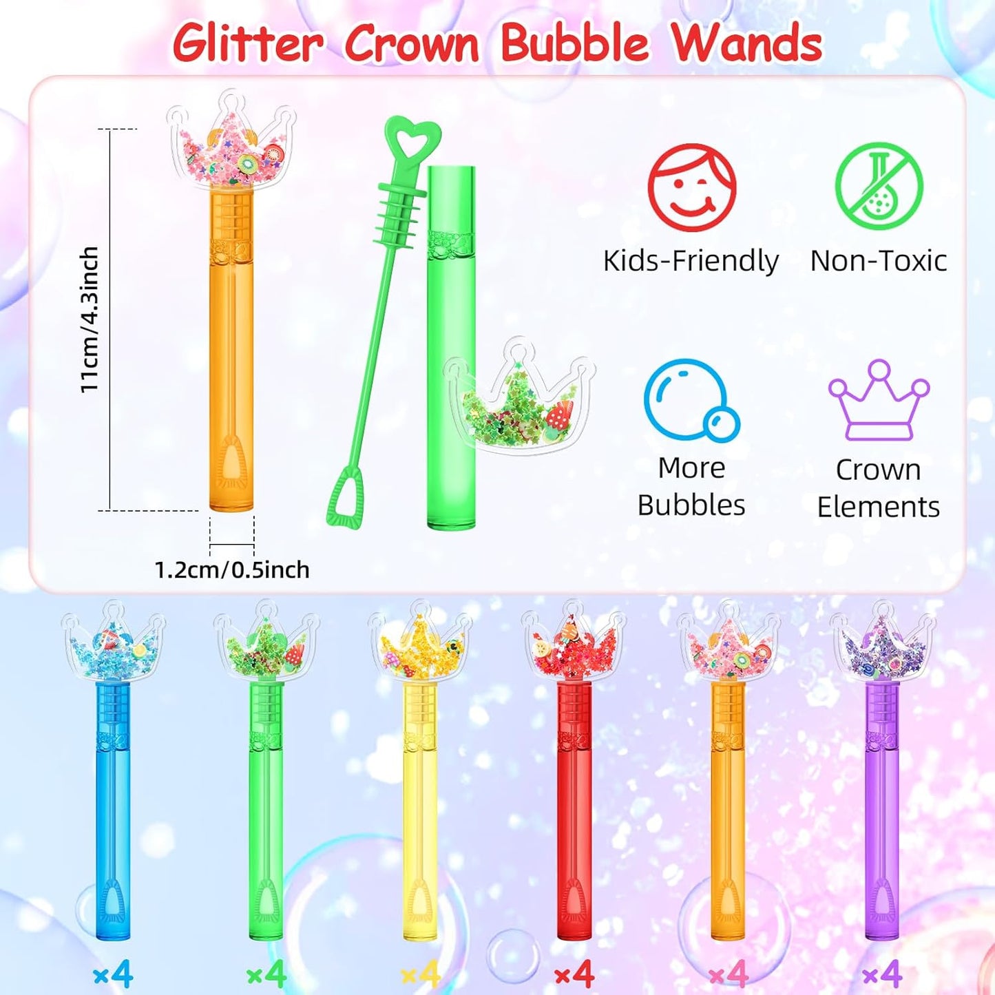 AFZMON 24Pcs Glitter Princess Bubble Wands for Kids, Crown Party Favors Mini Bubbles Birthday Gift Toy Goodie Bag Stuffers Classroom Prizes Wedding Party Supplies
