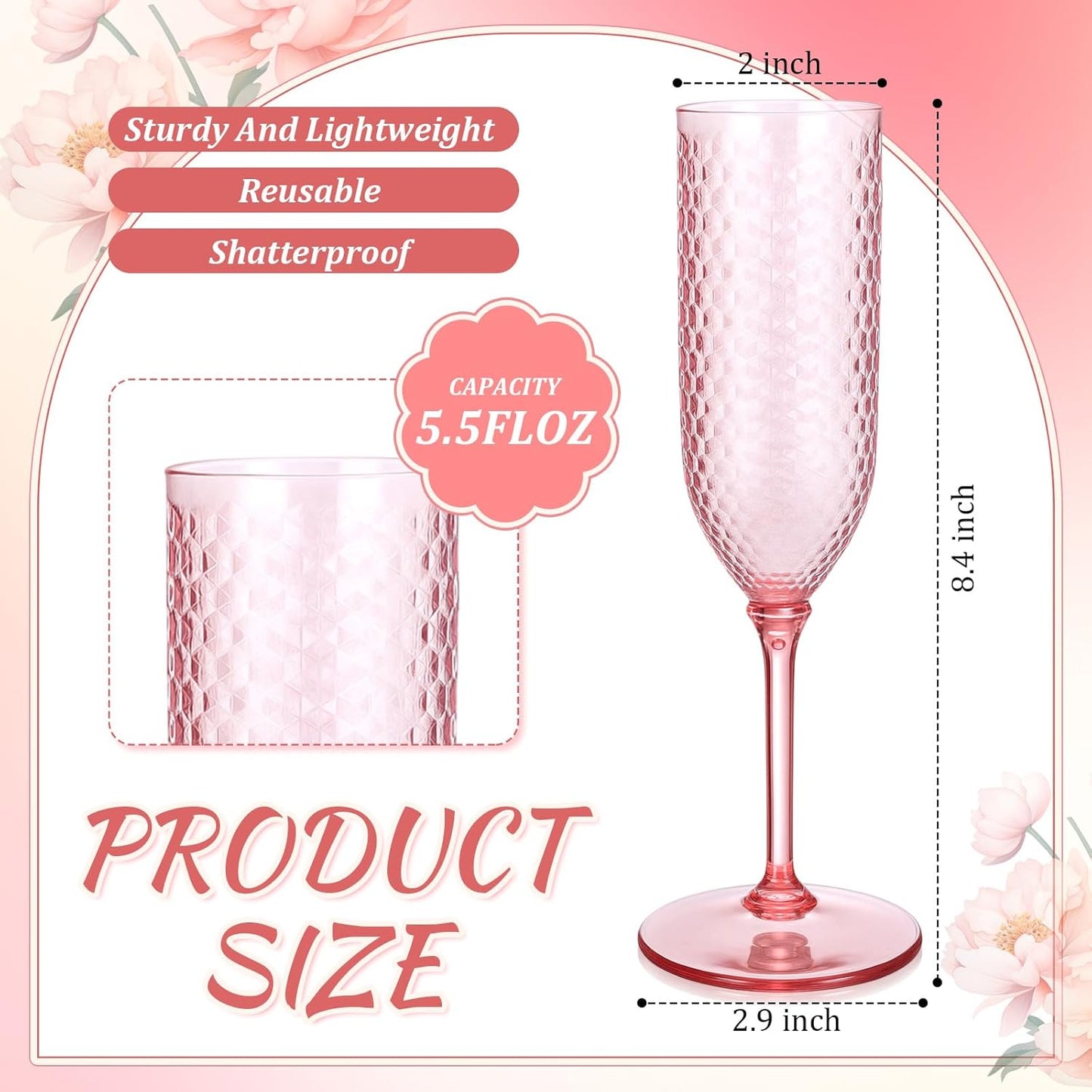 Remerry 48 Pack Detachable Plastic Champagne Flutes 5.5 oz Champagne Glasses Bulk Disposable Mimosa Glasses Reusable Wine Cups for Wedding Toasting Baby Shower Birthday Party New Years (Pink)