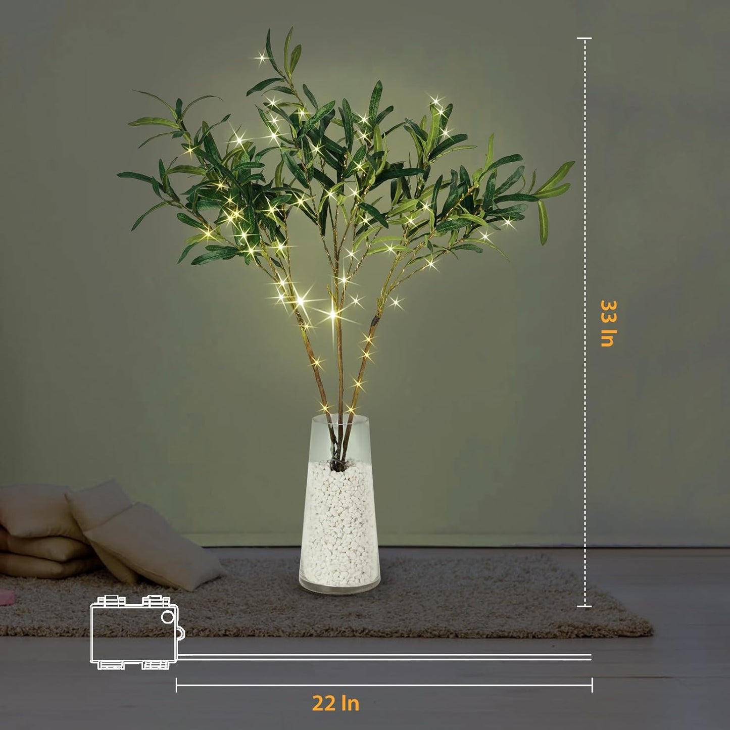 Bexdir Lighted Olive Branches with Timer, Lighted Branches 33IN 99 LED, Artificial Light, Olive Night Light, Artificial Plant for Home Spring Christmas Party Wedding Decor-Battery Operated