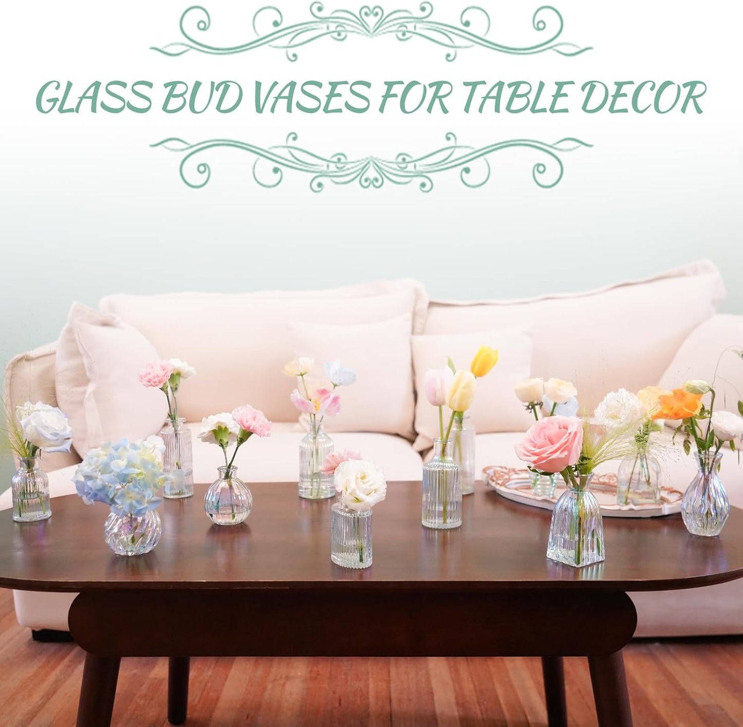 Bud Vases Set of 12, Iridescent Glass Vase for Decor Centerpieces, Small Vases for Flowers, Clear Irised Flower Vase Ribbed Modern Bud Vases in Bulk, Colorful Vases for Wedding Party Table Decoration