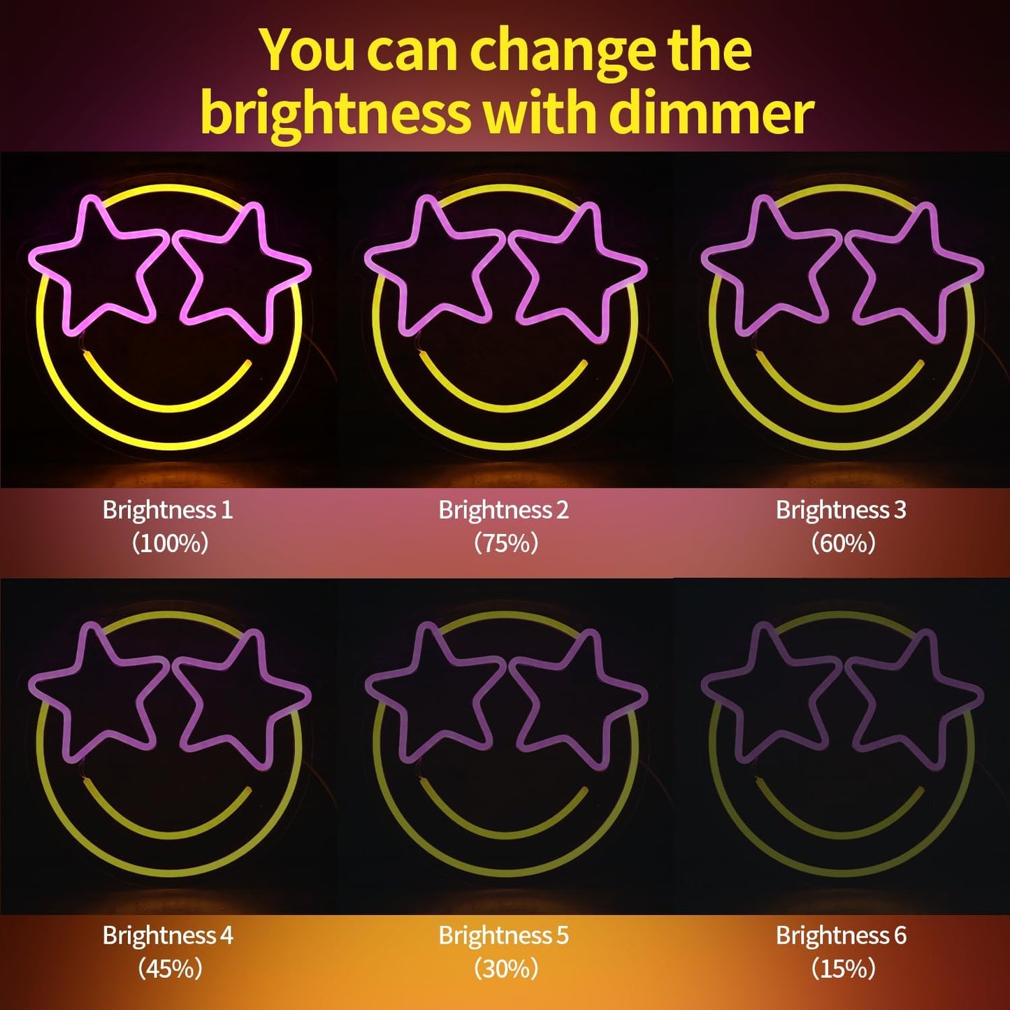 Smile Face Neon Sign, Wootfairy Led Neon Signs for Wall Decor, Dimmable Neon Light for Bedroom, Gaming Room, Kids Room, Bar Decoration, Yellow and Pink Light Up Signs for Wedding Birthday Party