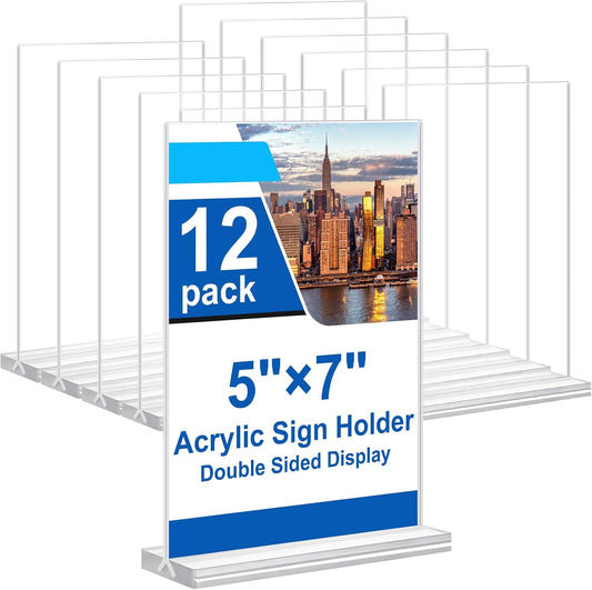 5x7 Acrylic Sign Holder, 12 Pack Vertical Plastic Signs Frame Table Top Display, Double Sided Display Flyer Holder Menu Holders Clear Stand for Office Store Show Fair