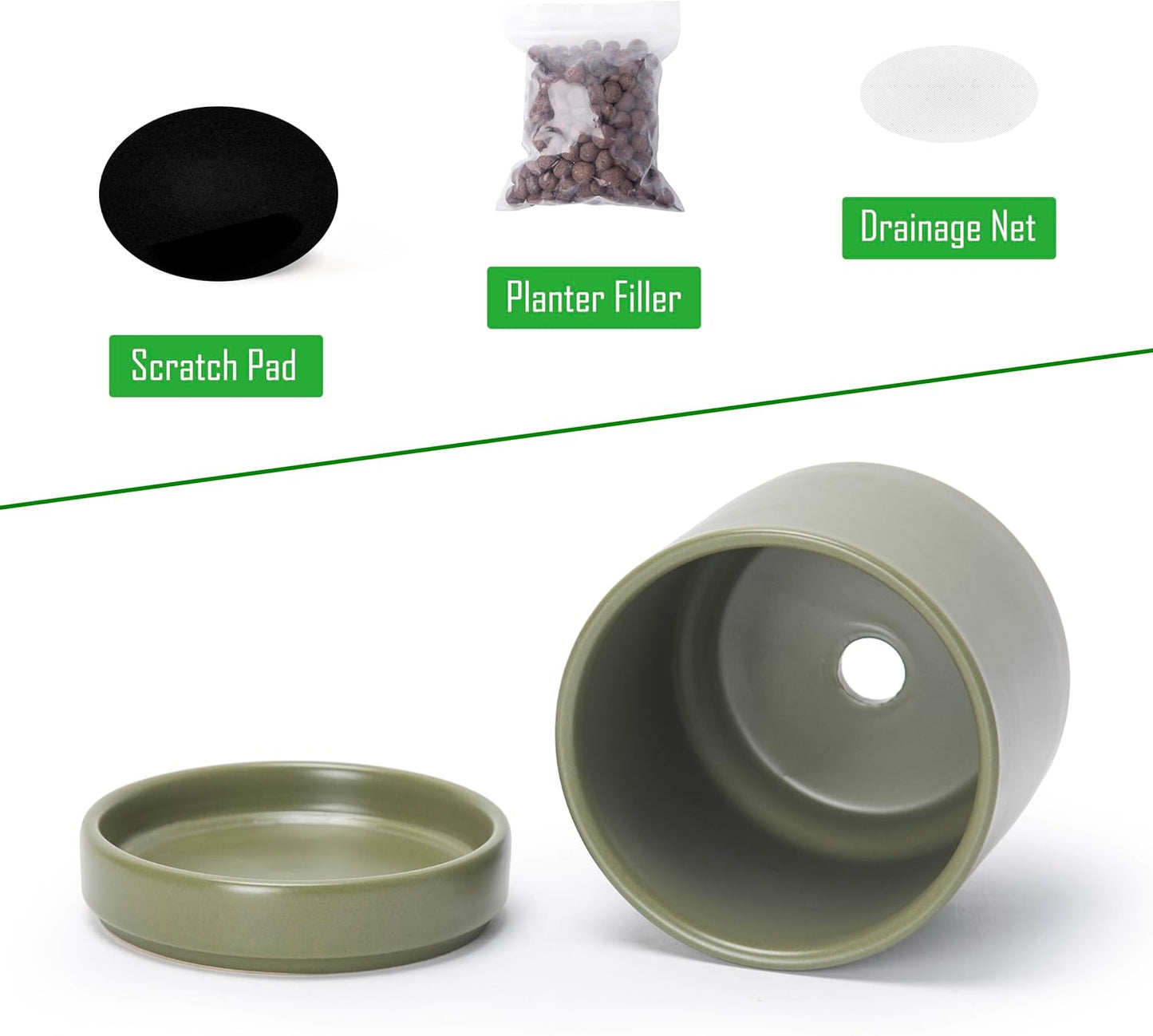 D'vine Dev Set of 4 Small Ceramic Plant Pots, 3.5 Inch Succulent Planter Pot for Plants with Drainage Hole and Saucer, Olive, 94-X-A-0