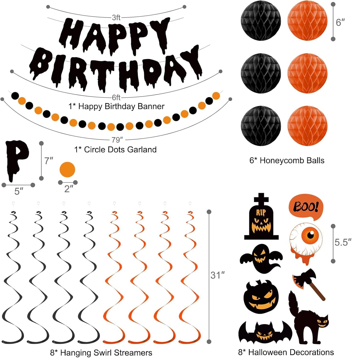 Halloween Birthday Decorations, Happy Birthday Banner for Halloween Party, Kid's Party Decorations with Honeycomb Balls, Hanging Swirl Streamers, Circle Dot Garland