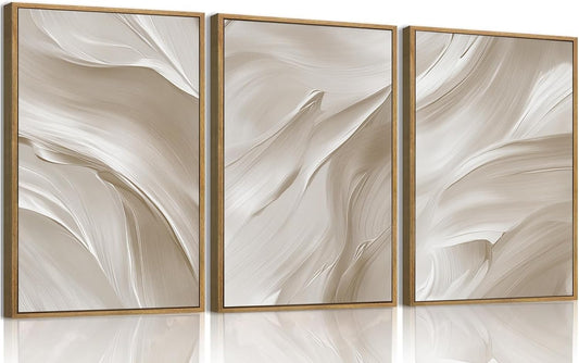 myusuar 3 Piece Large Abstract Framed Wall Art For Living Room, Smoke Texture Ink Beige White Canvas Wall Art Modern Minimalist Art Prints Wall Décor For Bedroom Office 12x16in